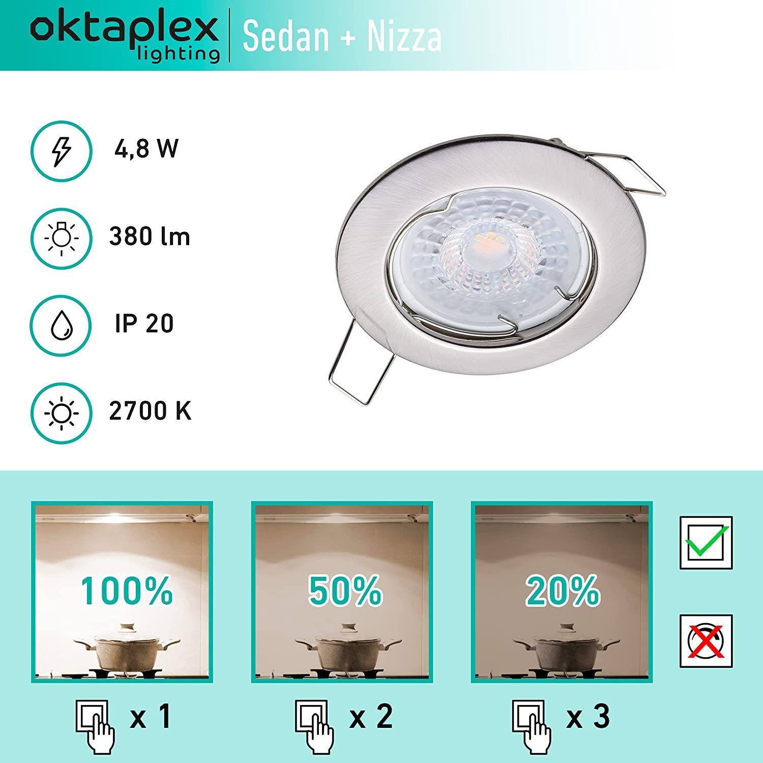 Oktaplex lighting LED Einbaustrahler 3er Set LED Strahler flach inkl. 3er Set LED Module 4,8W 380 Lumen, 3-Step Dimmung, Leuchtmittel wechselbar, warmweiß, 2700 Kelvin 230V silber