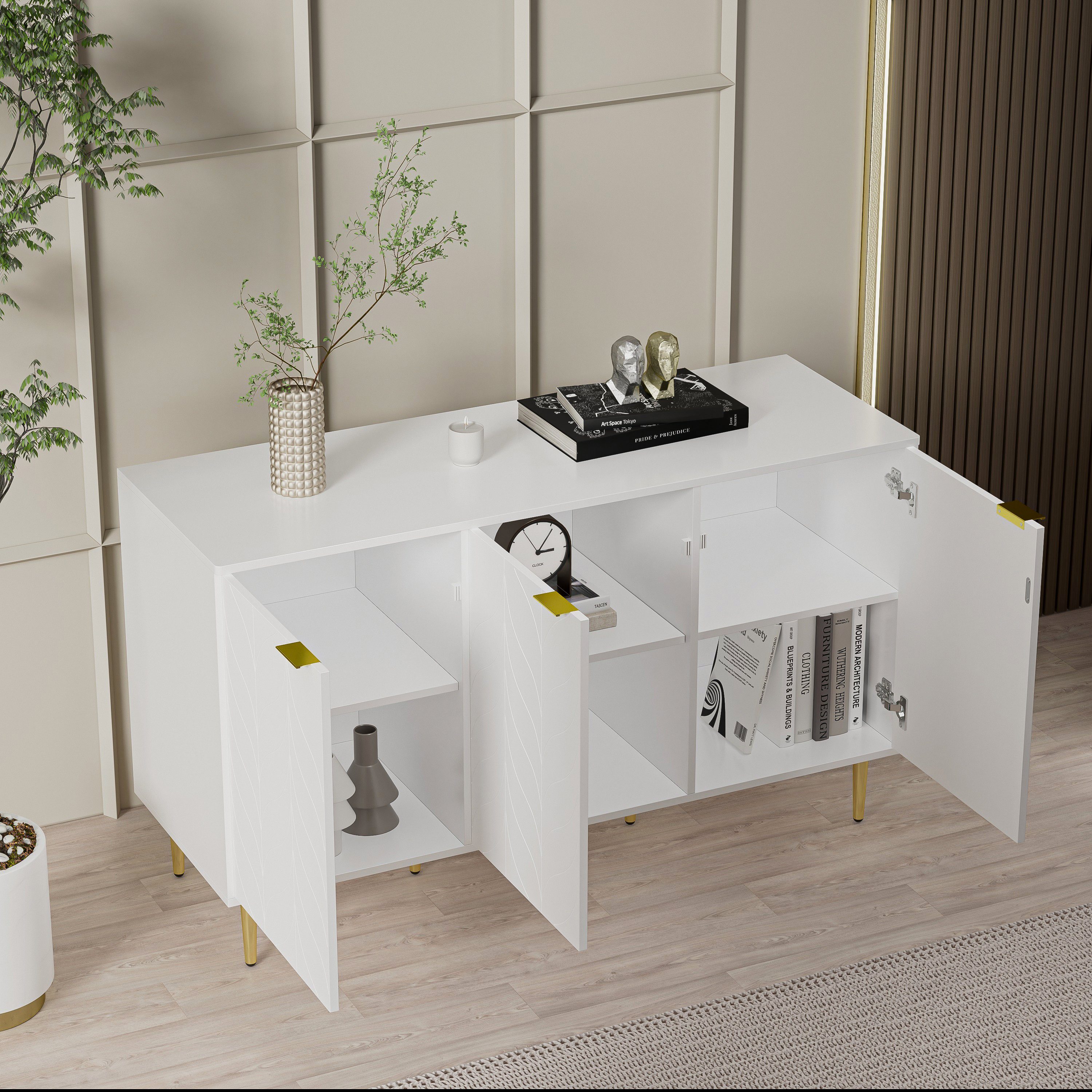 Flieks Kommode, Nachtschrank Sideboard mit 3 Türen und 6 Fächer 127x45x75cm