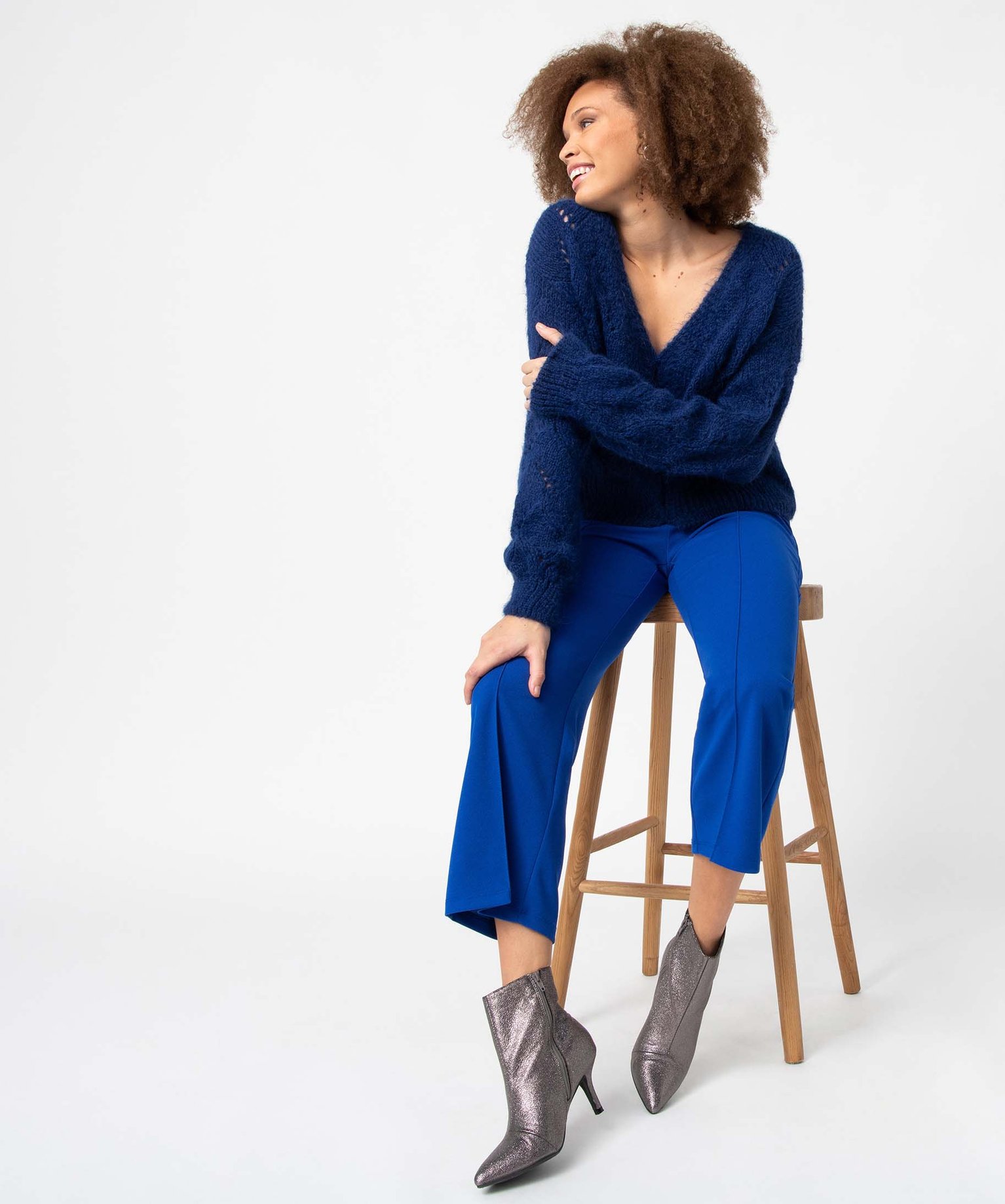 Gilet femme en maille fantaisie ajourée bleu | GEMO