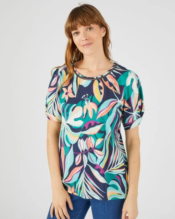 Tee-shirt imprimé manches plissées en coton/modal