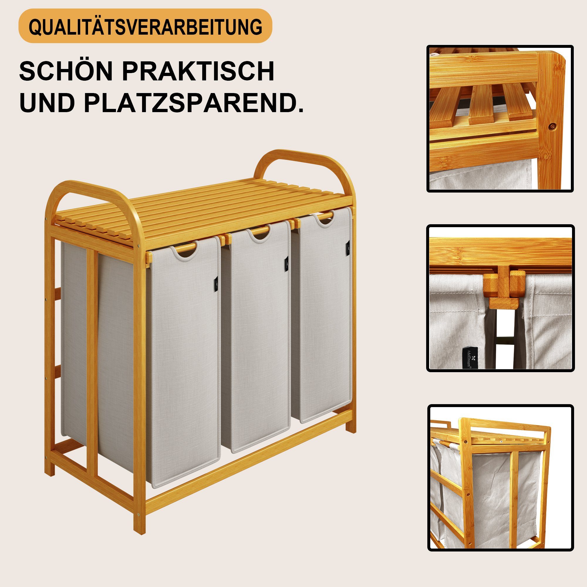 AdelDream Wäschekorb Wäschekörbe mit Bambusrahmen, 150 l, 3 Fächer