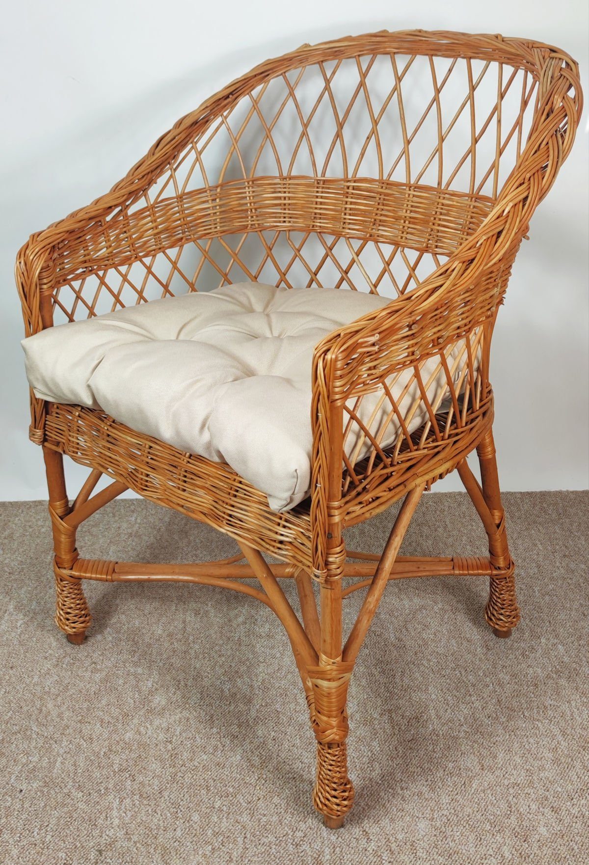 Rattani Rattanstuhl Korbstuhl, Korbsessel Weide, Model Björn, inkl. Polster beige