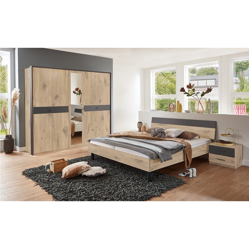 Lomadox Schlafzimmer-Set BRADFORD-43, (Spar-Set, 4-St), mit Bett 180x200cm, Kleiderschrank 5-türig, Eiche mit graphit
