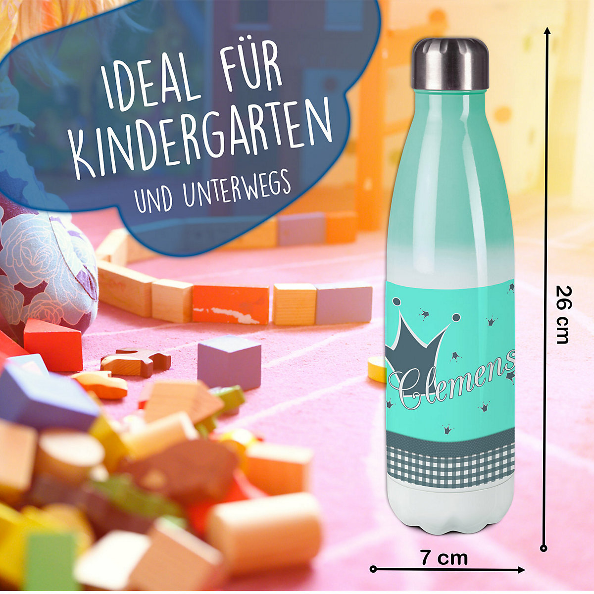 Edelstahl Kinder Thermoflasche / Trinkflasche bunt Krone Farbe türkis grau Spülmaschinenfest, Auslaufsicher, Bruchfest, Doppelwandig, Für Heißgetränke geeignet, Mit Deckel, Isoliert