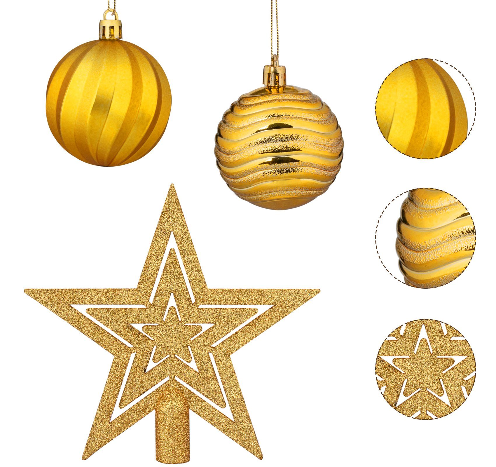 Homewit Christbaumschmuck Weihnachtskugeln Weihnachtsbaumspitze Stern Weihnachtsdeko Set (101-tlg), Kunststoff Christbaumkugeln mit Aufhänger Deko
