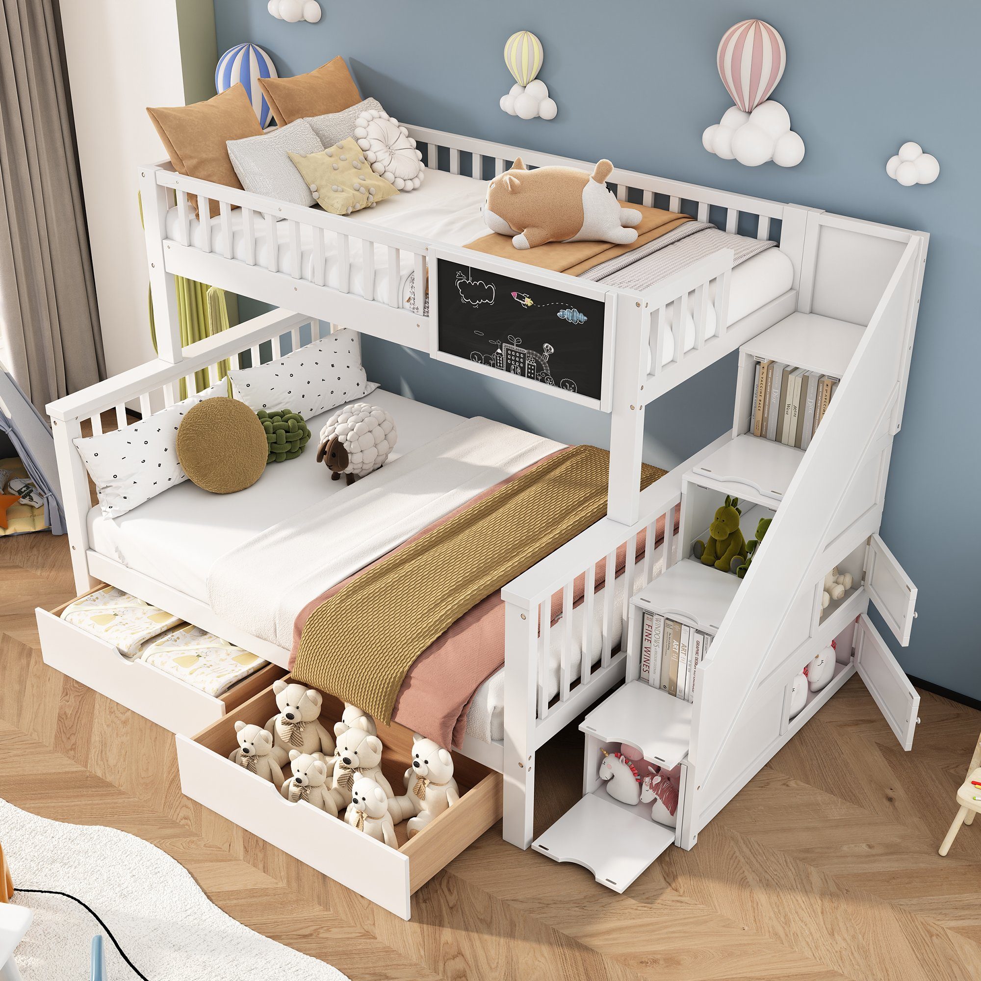OKWISH Etagenbett Kinderbett, mit Tafel Treppe Schubladen 90x200cm+140x200cm