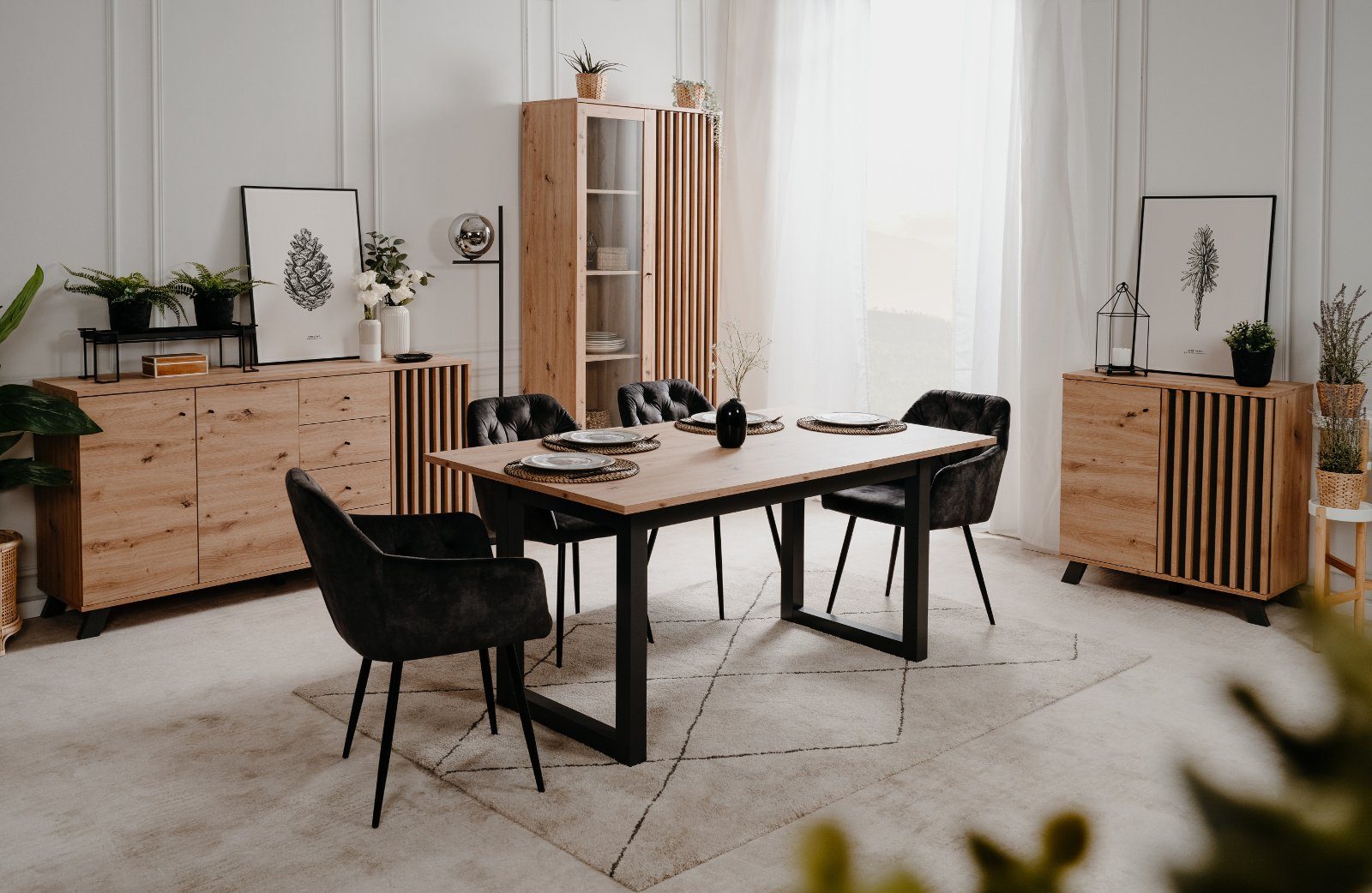 Finori Highboard Madem (Schrank in Artisan Eiche Dekor, 80 x 156 cm), mit Holzlamellen