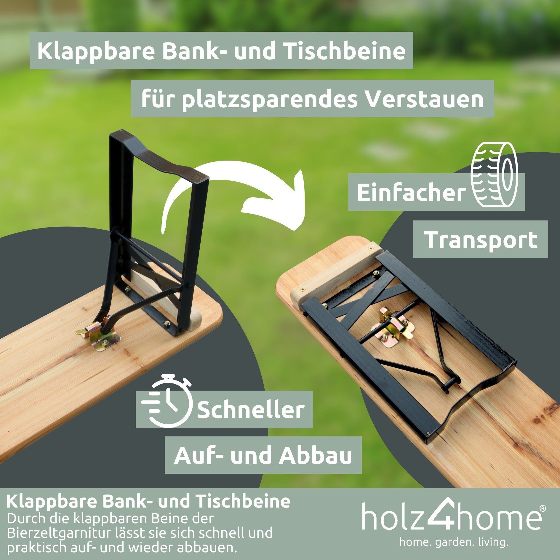 holz4home Bierzeltgarnitur 3-teilig aus Holz, 2 Bänke, 1 Tisch