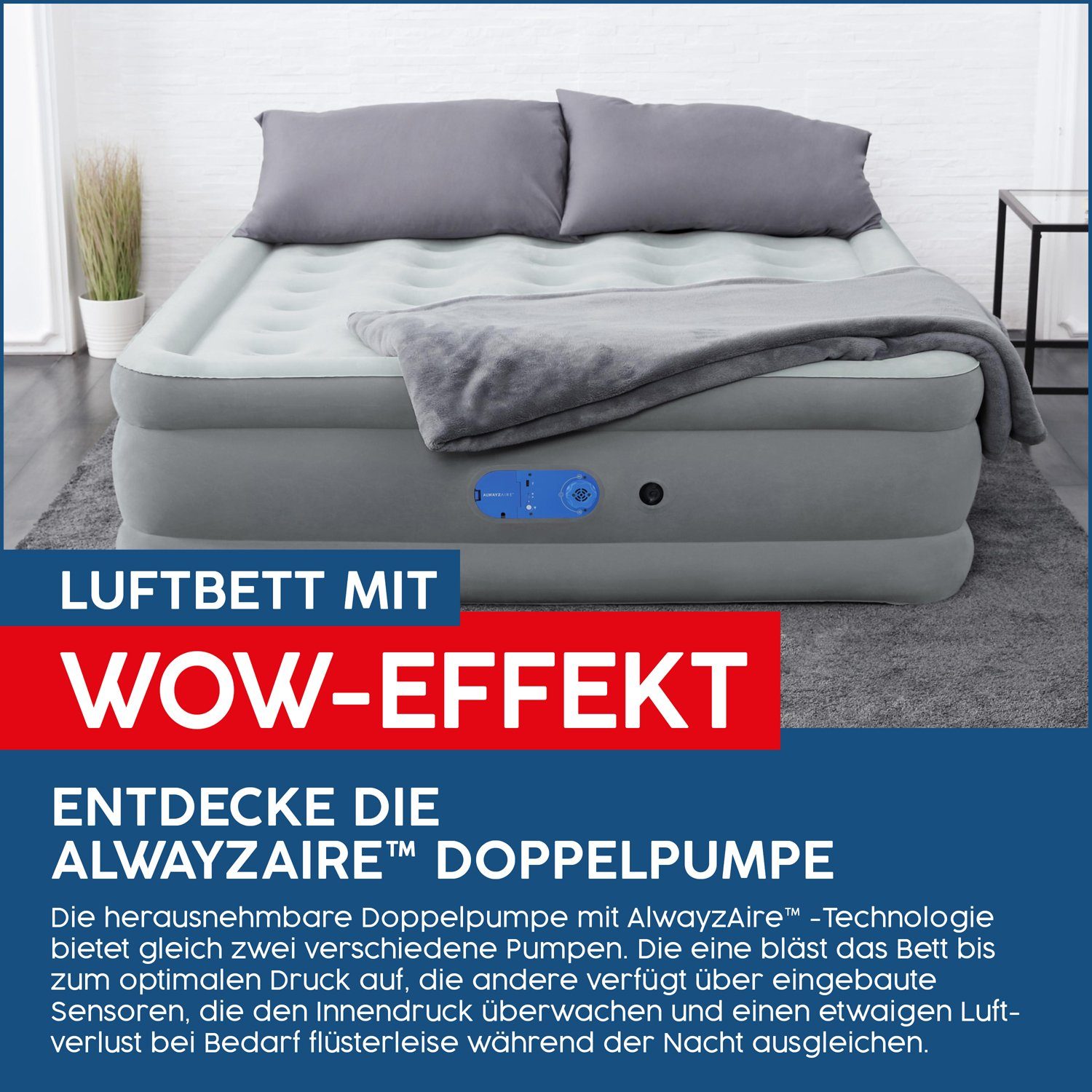 Bestway Luftbett AlwayzAire 2 Personen selbstaufblasend Nachtpumpe 203 x 152 x 46 cm