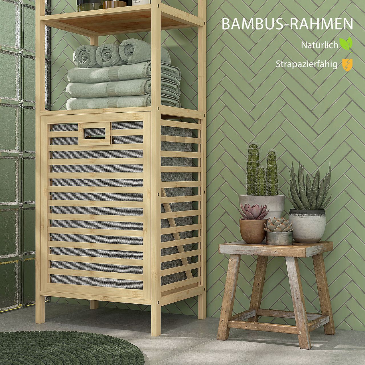 HOMCOM Badregal mit Wäschekorb, Badezimmerregal mit 3 Ebenen Kippschutz Bambus
