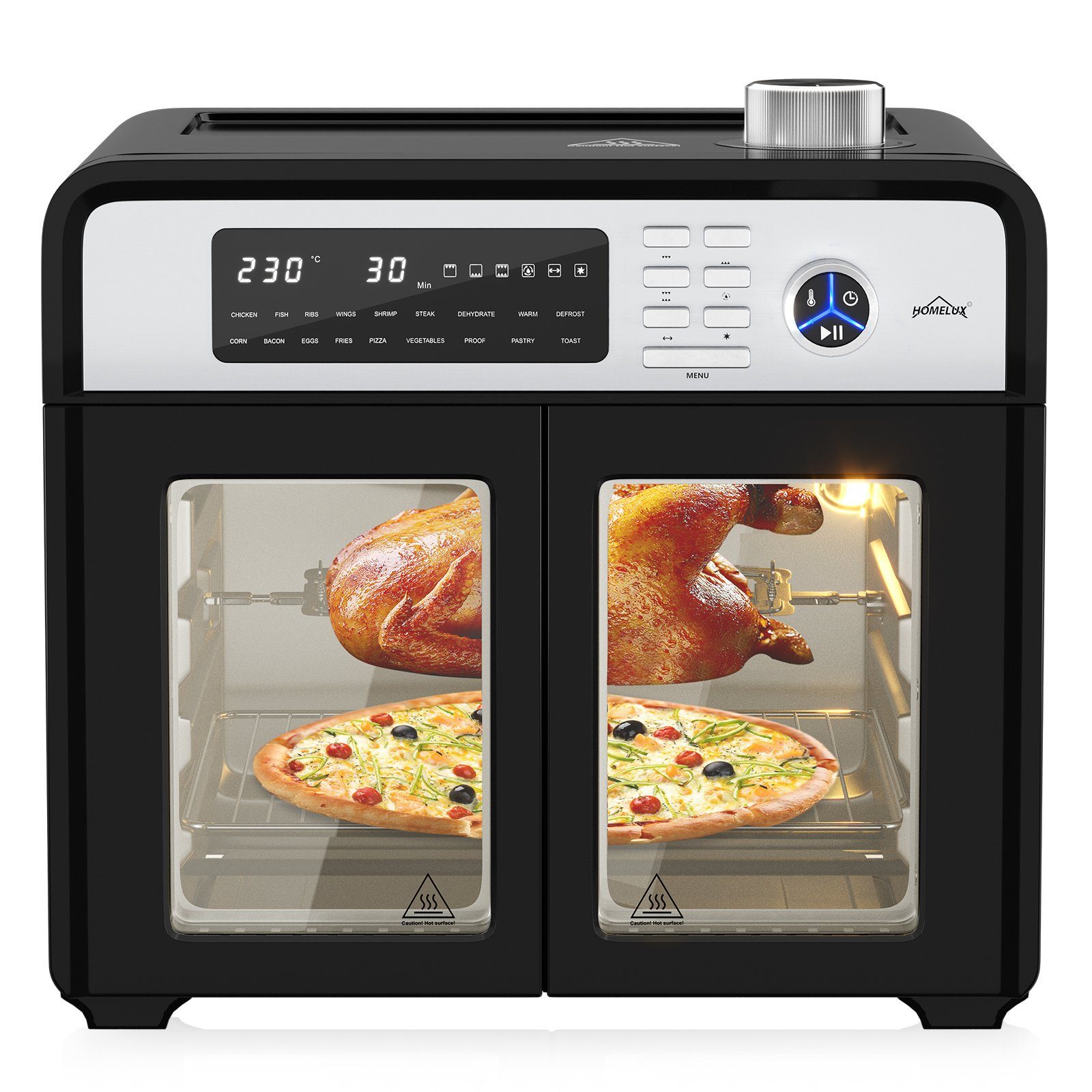 HOMELUX Minibackofen mit Umluft, Heißluftfritteuse XXL 28L, Heißluft-Backofen, Airfryer, 1700W, 18 Programme, 7 Zubehörteile inkl. Drehspieß, Doppelventilator