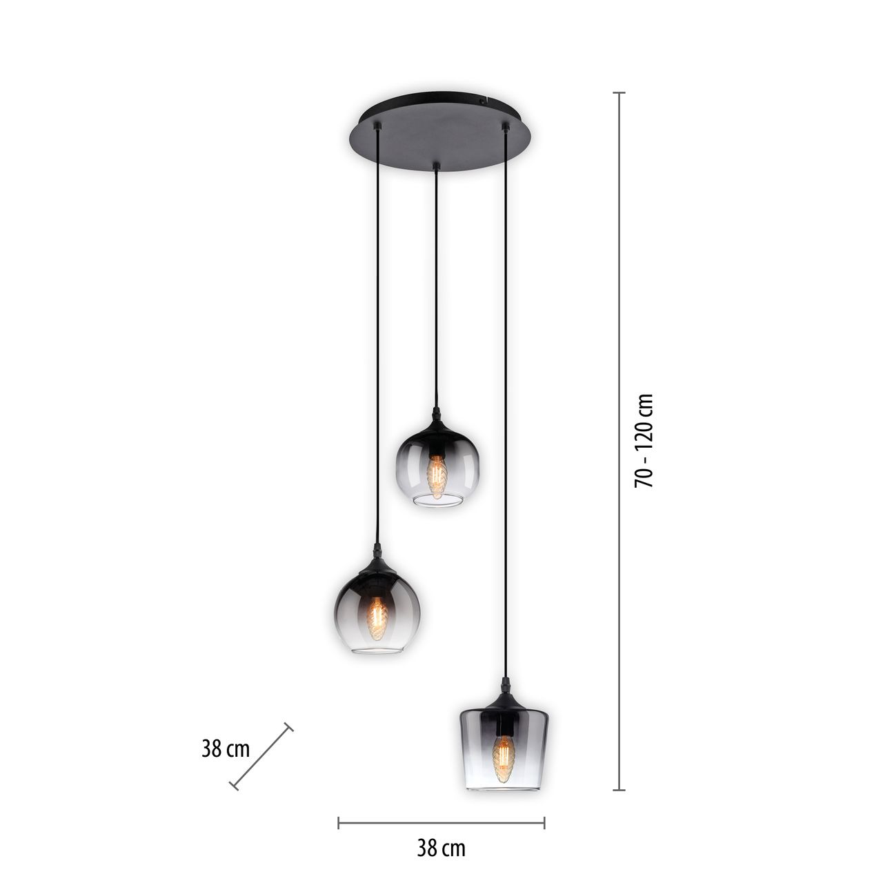 JUST LIGHT Pendelleuchte GREEN ZEA, 3x E14/25 Watt max., rauchfarbene Gläser, rund, Schwarz