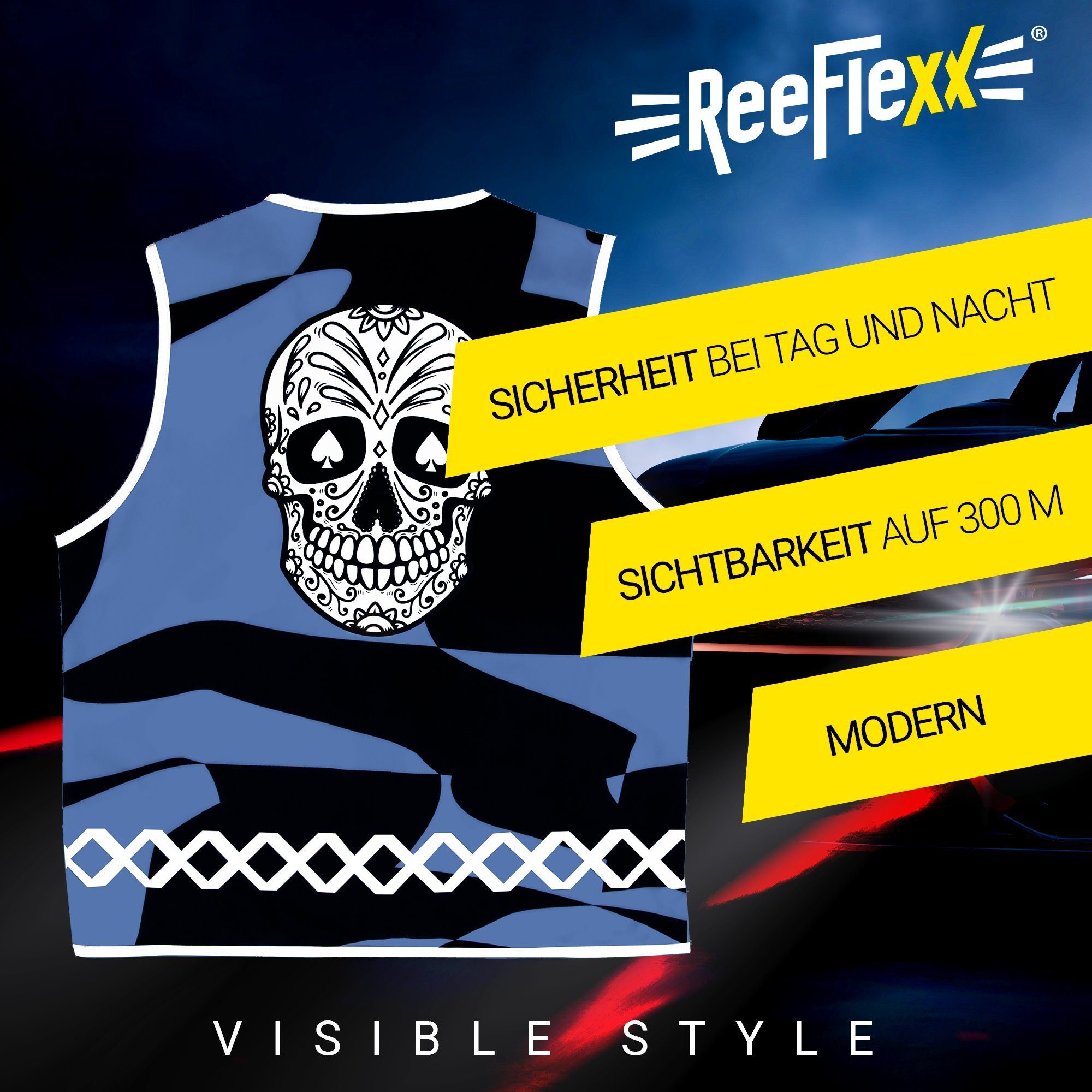 ReeFlexx Warnweste Black White Skull - Herrenwarnweste