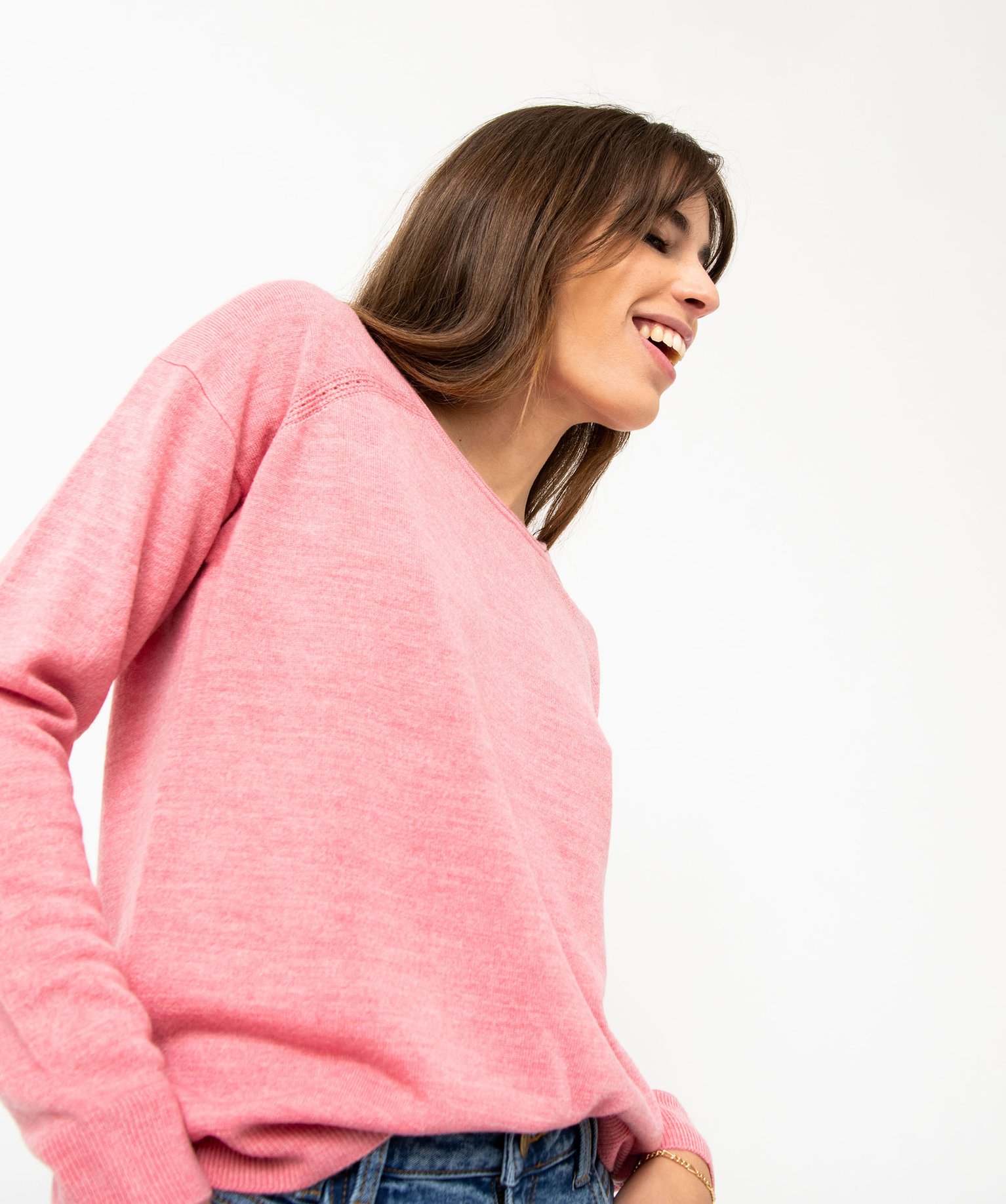 Pull à col rond finitions roulottées femme rose | GEMO