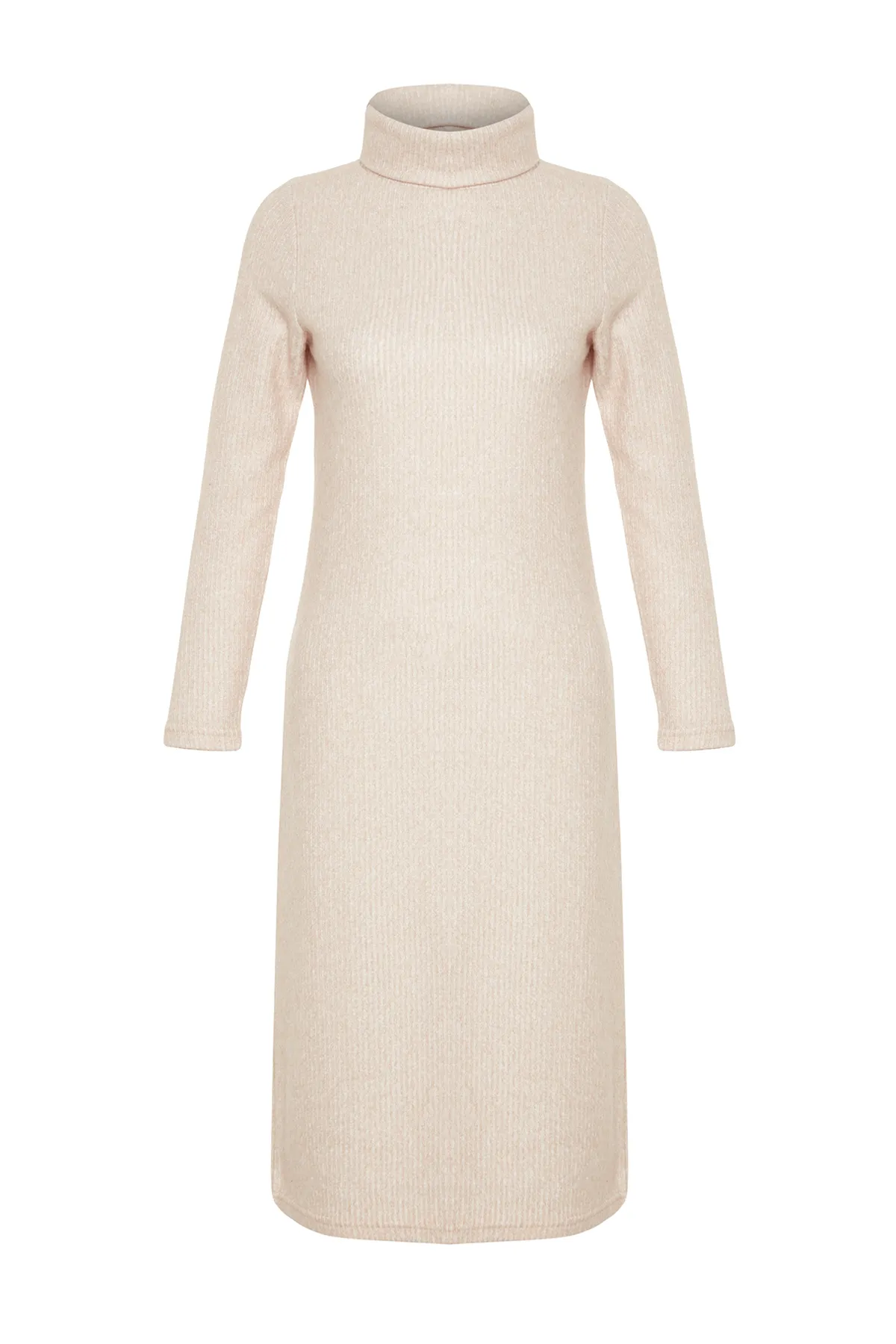 Trendyol Collection  Beigefarbenes, geripptes, flexibles Shift-/gerades Maxi-Strickkleid mit Rollkragen TWOAW24EL00621