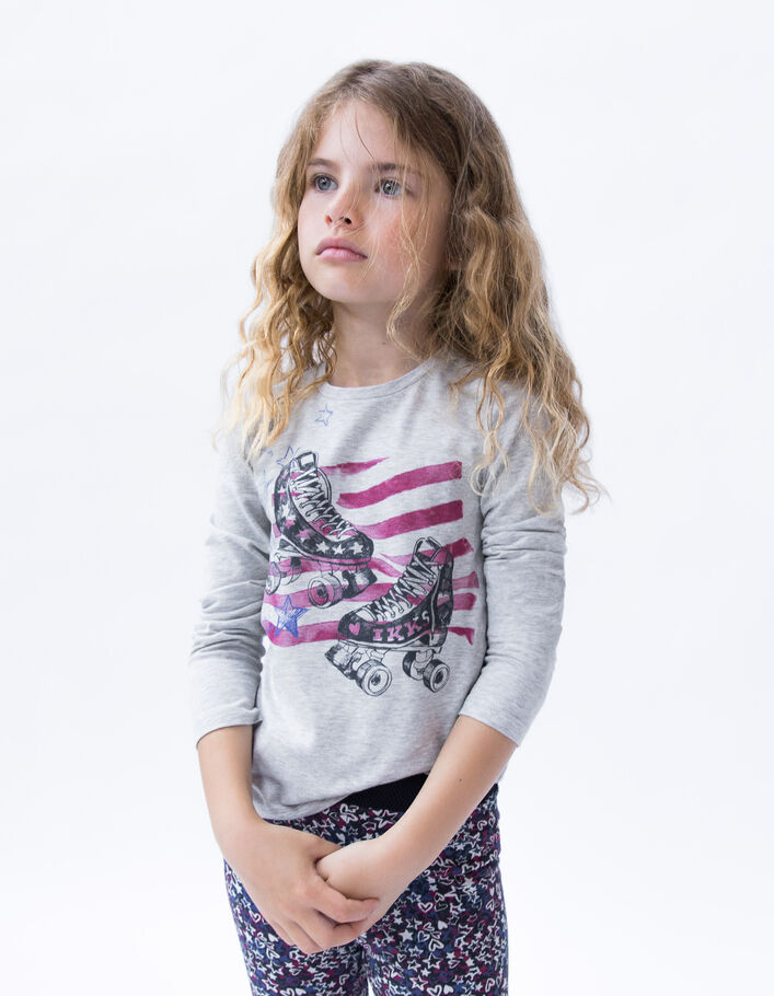 T-shirt gris coton bio visuel patins à roulettes fille