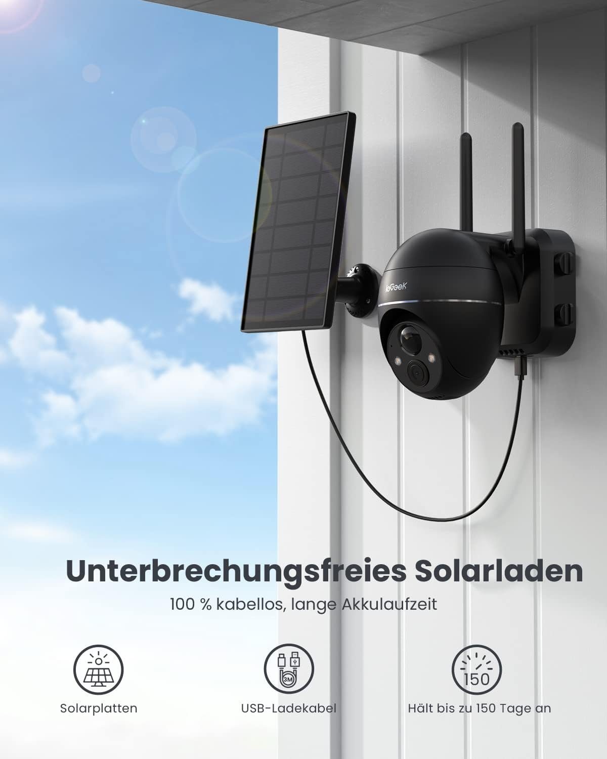 ieGeek 3MP Überwachungskamera Aussen Akku 360° PTZ WLAN mit Solarpanel,Alexa Überwachungskamera (AuBenbereich, outdoor, Kabellose,Videowiedergabe,Multigerät online,Multi-User-Unterstützung,Erkennungsbereich und Erkennungszeit einstellen,4x Digitalzoo