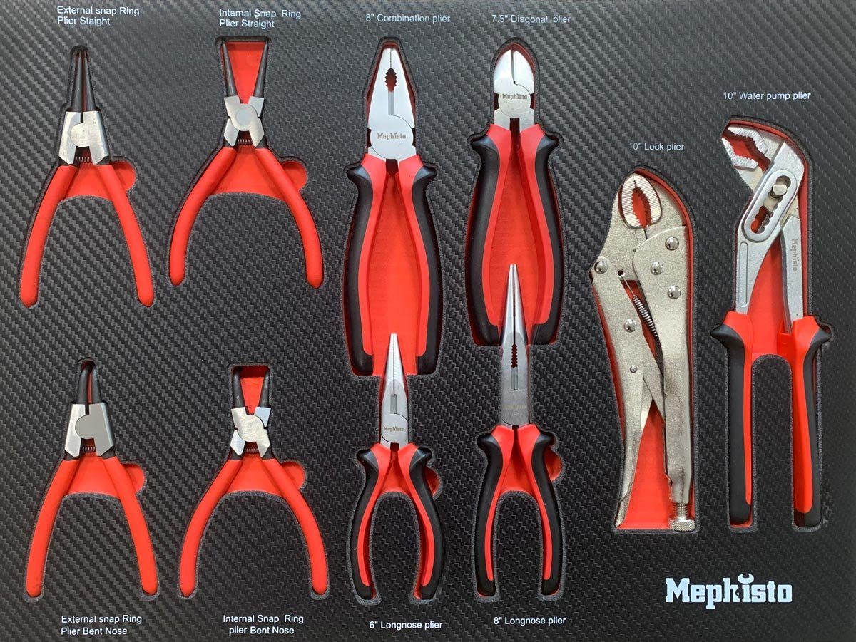 Mephisto-Tools Werkstattwagen, (fertig montiert und bestückt), 8 abschließbare Schubladen, je Schublade belastbar bis je 35 kg, 2 Schlüssel inkl., kugelgelagerte Rollen mit Gummierter Beschichtung, Werkzeug ist aus hochwertigem Chrom Vanadium Stahl,