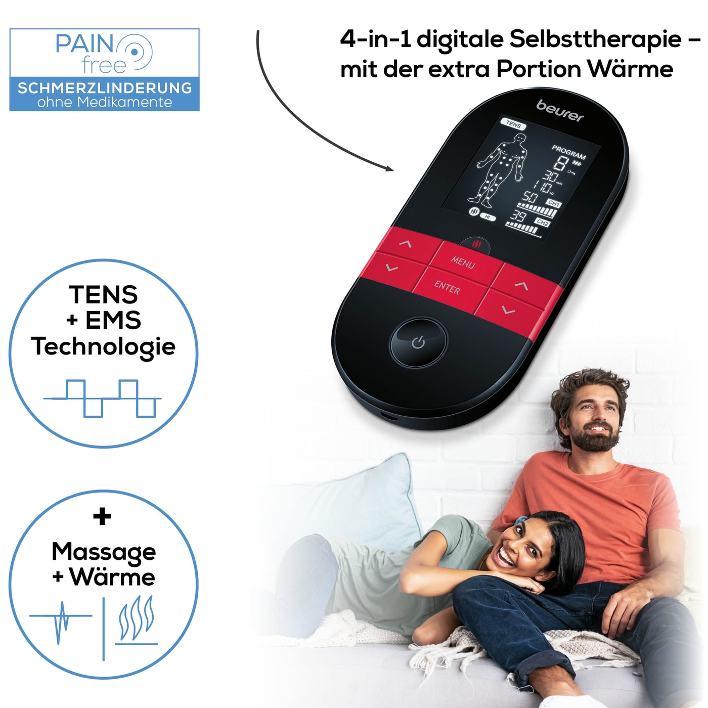 Beurer Digital TENS/EMS EM 59 mit Wärmefunktion & Massageball MG 10-Unser einzigartiges Bundle zur Schmerztherapie, Muskelstimulation und Massage