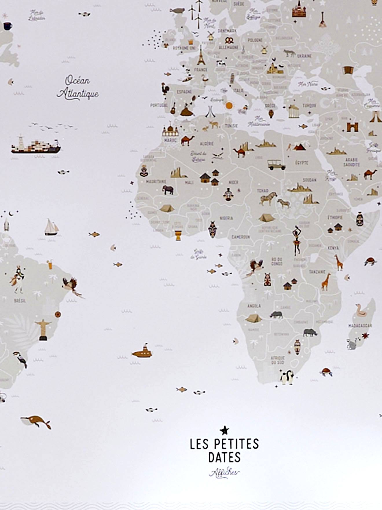 Affiche Carte du Monde LES PETITES DATES marron imprimé