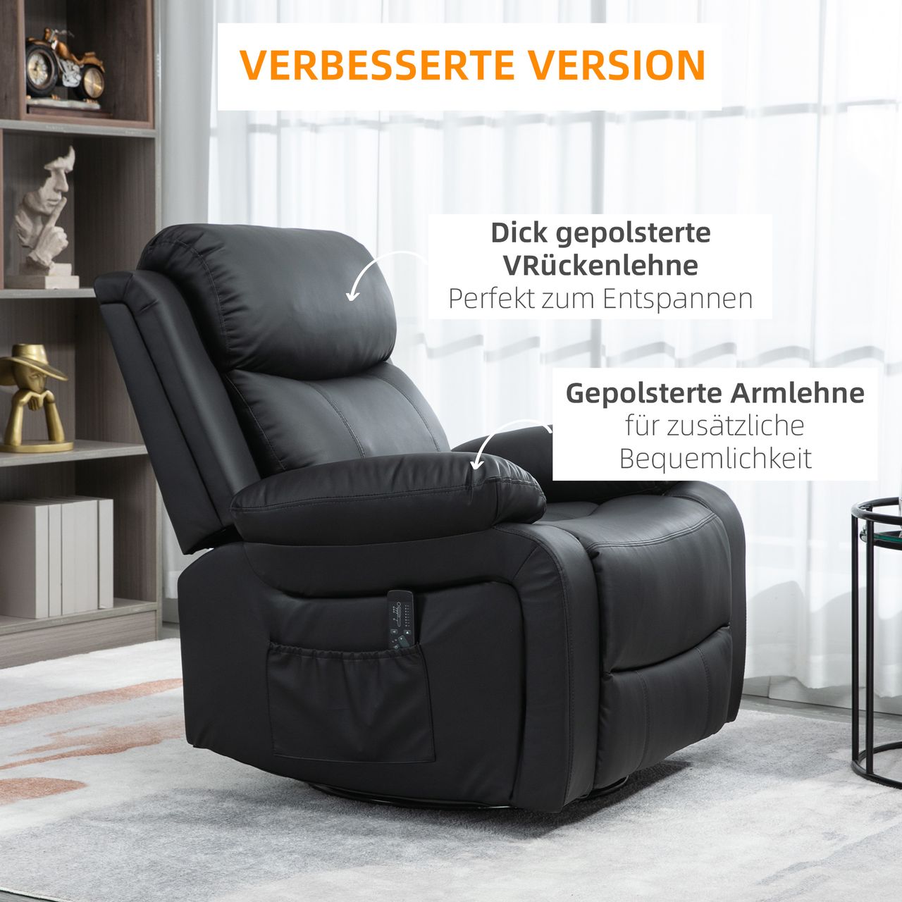 HOMCOM Massagesessel Drehbarer Relaxsessel mit 8 Vibrationsköpfen, Liegefunktion