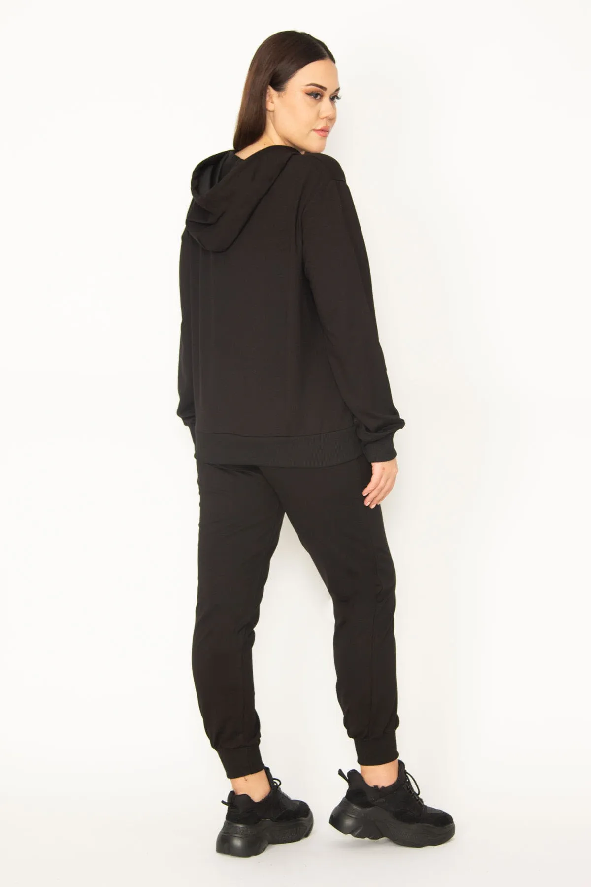 Şans  Damen-Trainingsanzug in großer Größe, schwarz, mit Kapuze, Reißverschluss vorne, detaillierte Sweatshirt-Hose, 65n31333