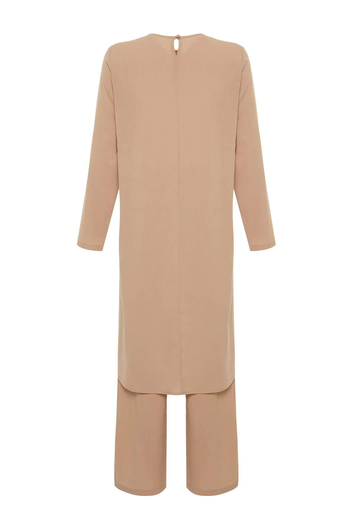 Trendyol Modest  Beiges asymmetrisches gewebtes Tunika-Hosen-Oberteil und Unterteil-Set TCTSS24US00074