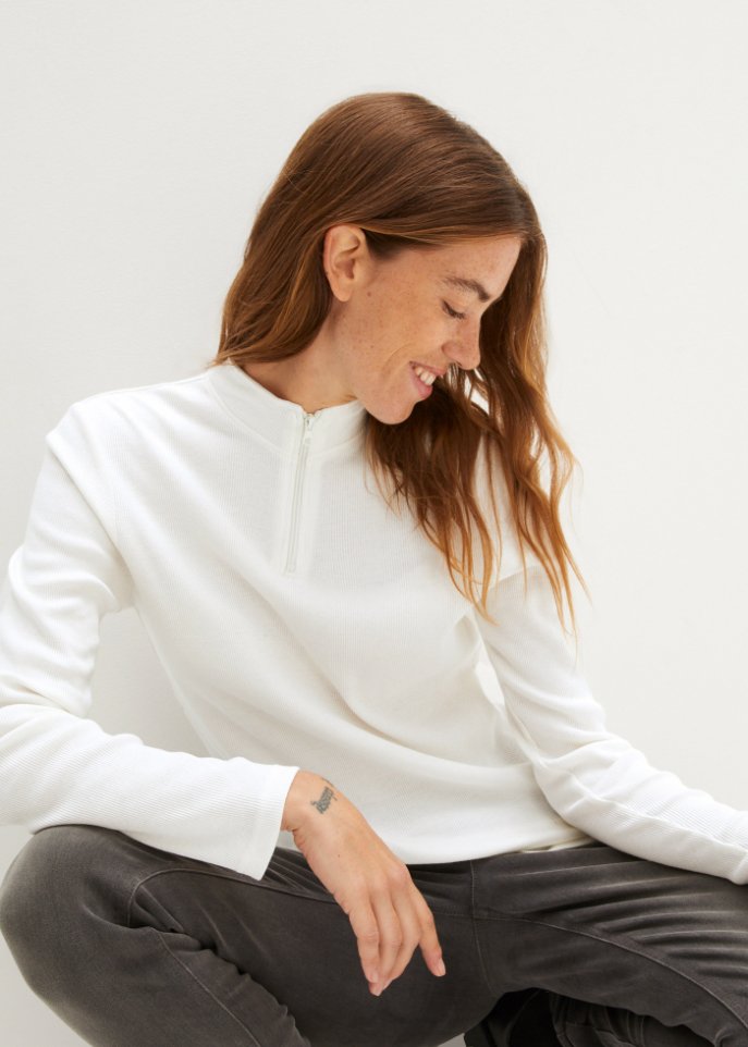 Langarmshirt aus Rippe mit Troyer-Kragen