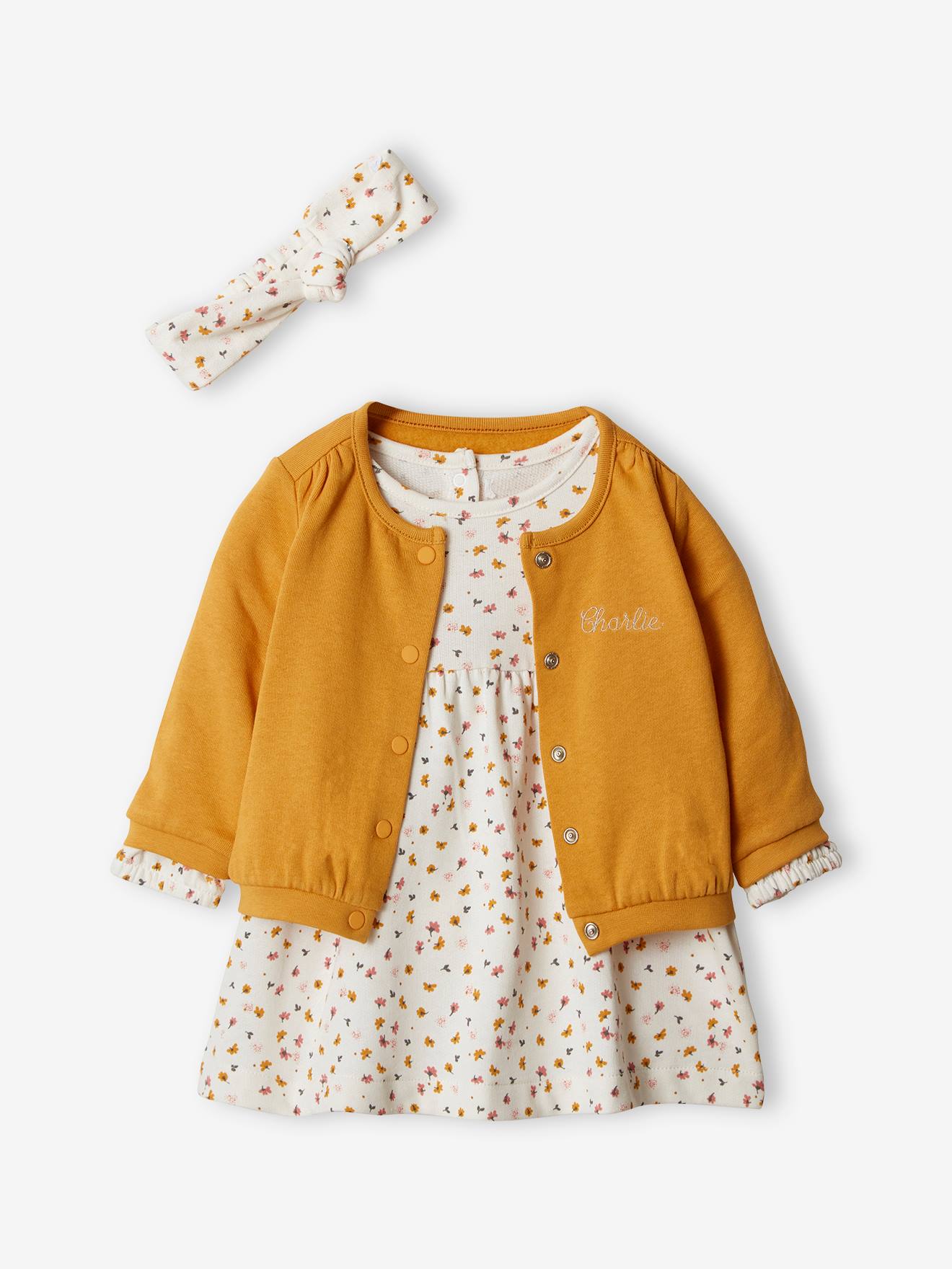 Vertbaudet Mädchen Baby-Set: Kleid, Strickjacke & Haarband, personalisierbar Oeko Tex - koralle