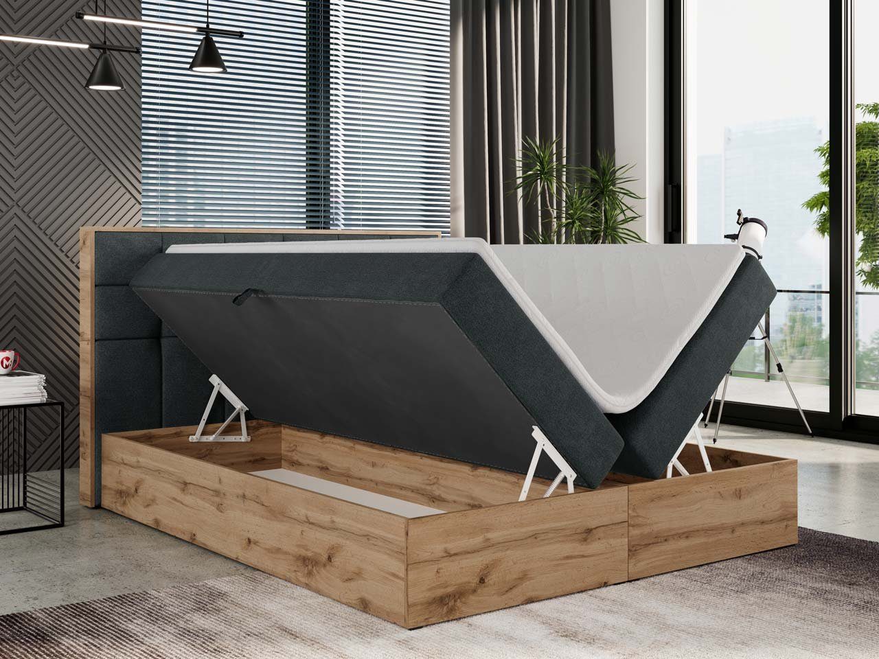 MKS MÖBEL Boxspringbett ALBERO 1, Doppelbett, Multipocket-Matratze, Eiche Holzrahmen, Praktisch