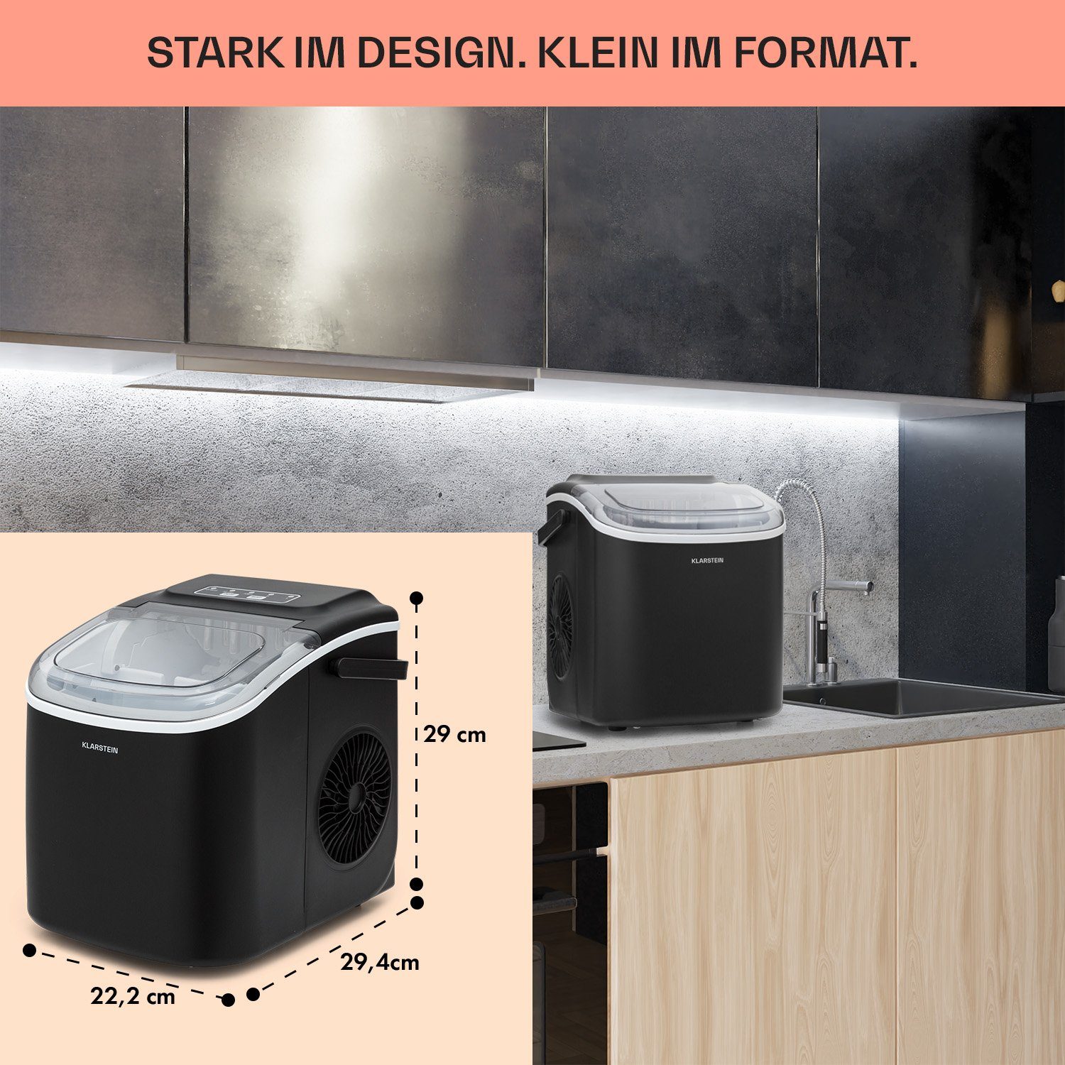 Klarstein Eiswürfelmaschine Caldwell, Elektrischer Eiswürfelbereiter Bulleteis 12kg/24h Wassertank 1,3 L