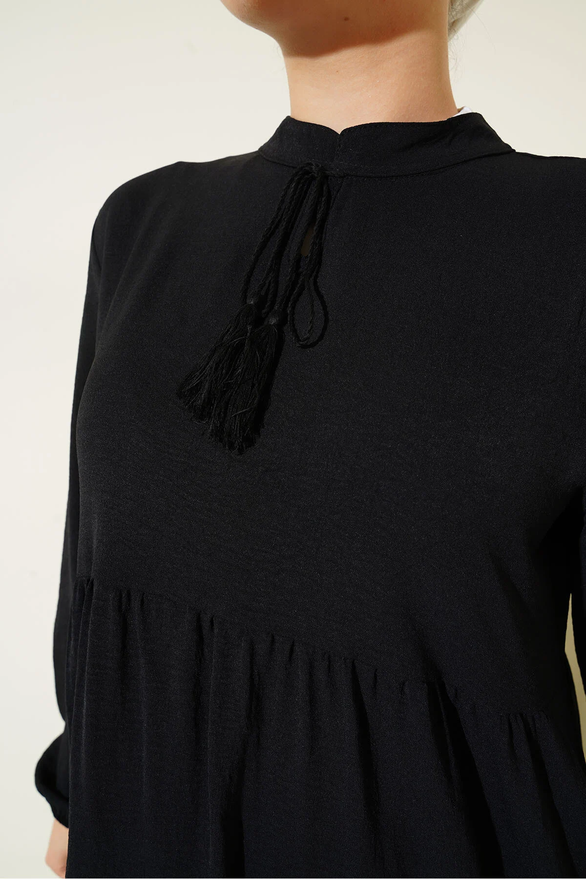 Bigdart  1627 Hijab-Kleid mit Kragen und Schnürung, Ramadan-Kollektion – Schwarz