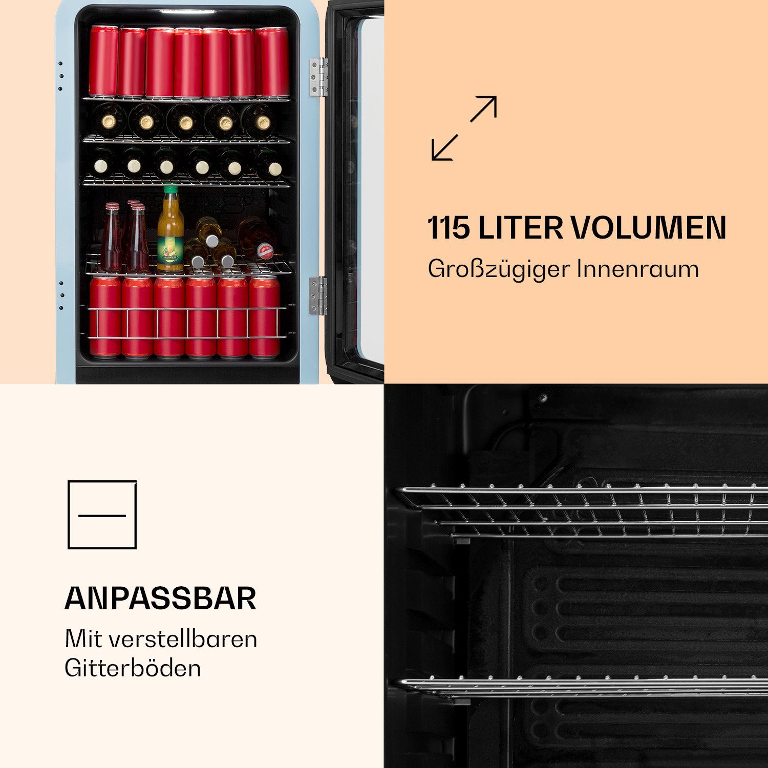 Klarstein Getränkekühlschrank HEA13-PopLife-48L 10040737, 47.5 cm hoch, 44 cm breit, Bierkühlschrank Getränkekühlschrank Flaschenkühlschrank mit Glastür