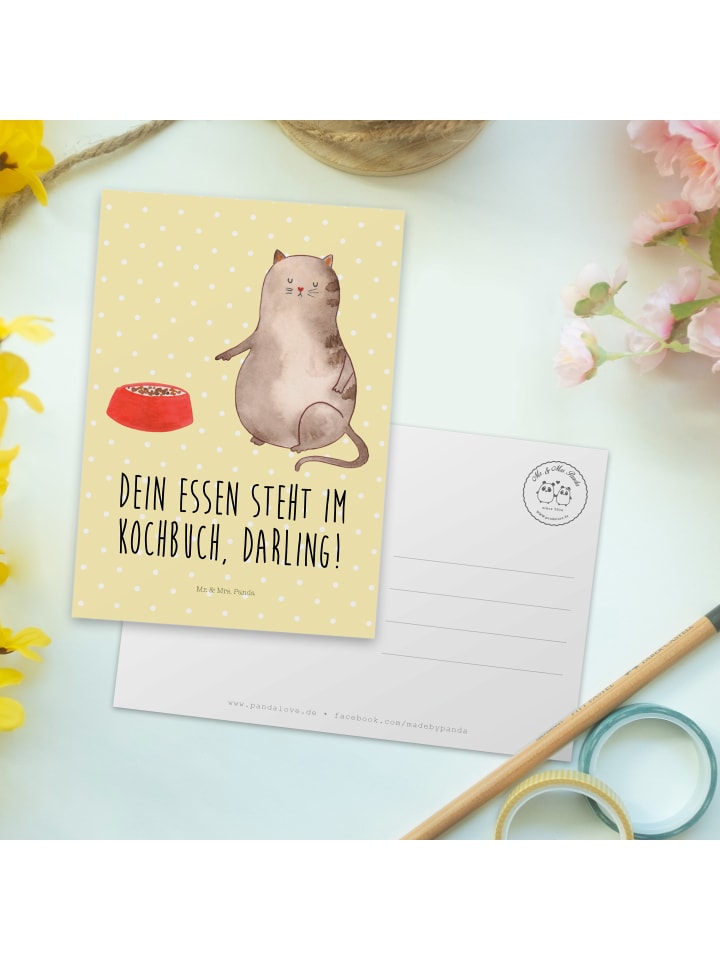 Mr. & Mrs. Panda Postkarte Katze Fressen mit Spruch in Gelb Pastell günstig kaufen onesize
