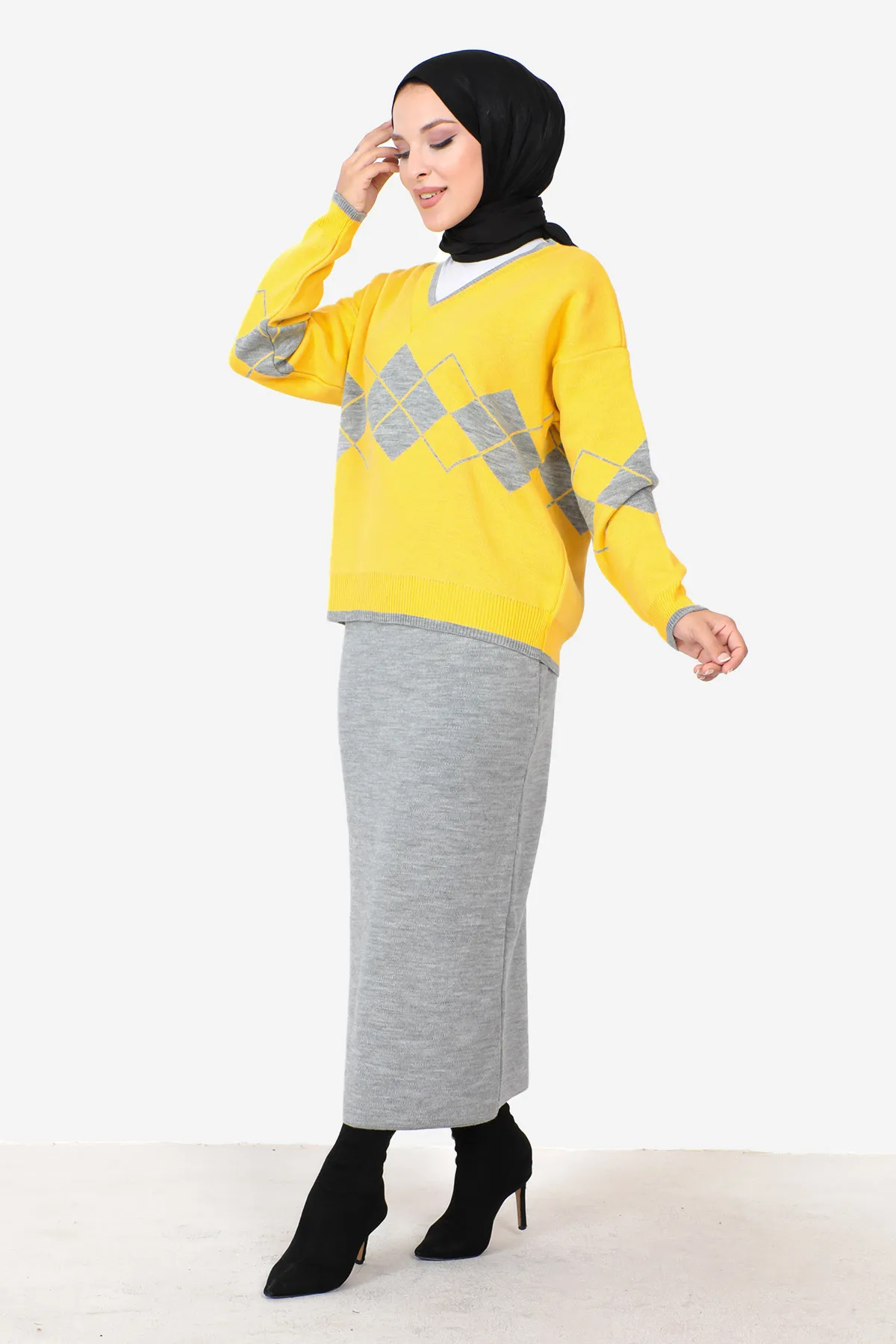Tesettür Dünyası  Strickanzug mit Rock TSD230901 Grau