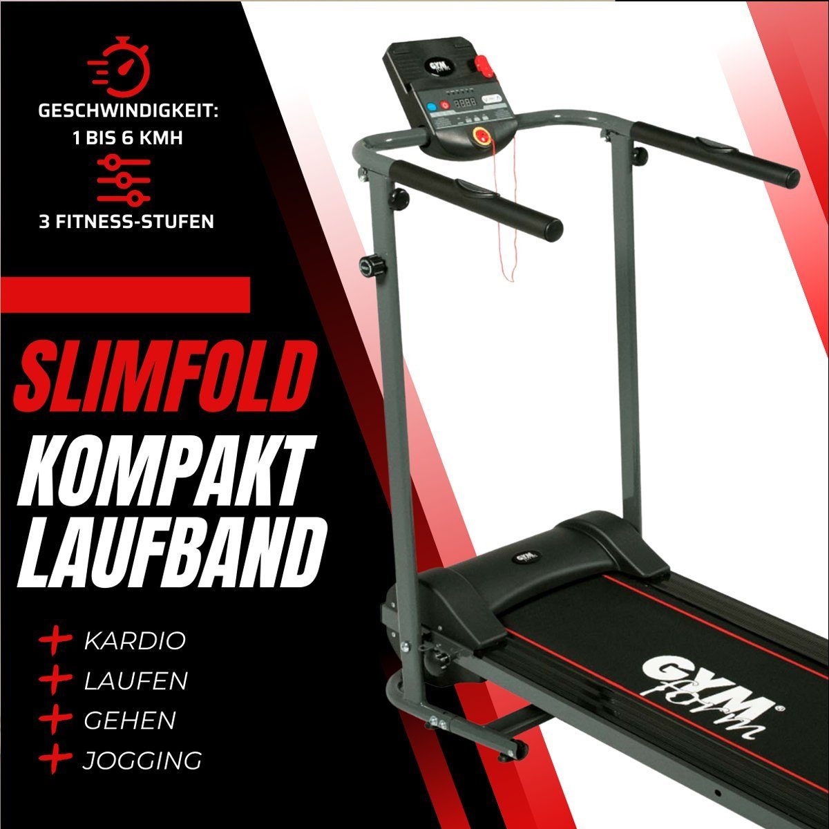 Gymform® Laufband Slim Fold Treadmill (2 Varianten 6km/h oder 12 km/h), für Zuhause, klappbar, leise, bis 120 kg, Tablethalterung, Rollen