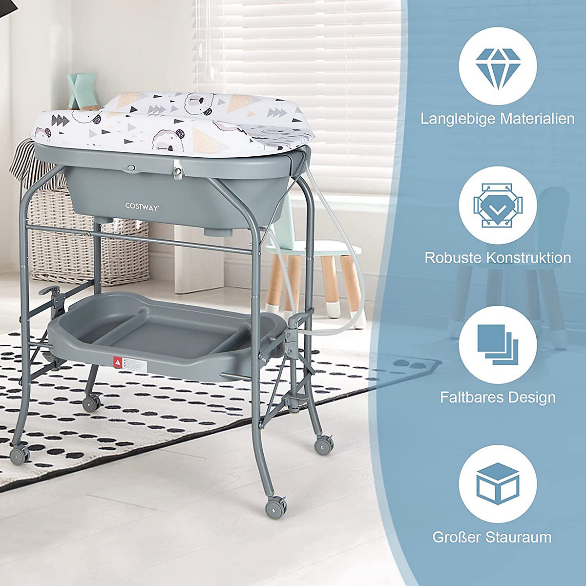 Wickelkommode mit Badewanne rollbar mit Ablagefach