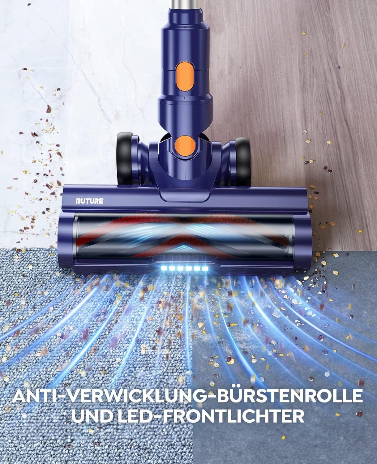 Buture Akku-Hand-und Stielstaubsauger, Akku Staubsauger,33000Pa Ultraleiser Staubsauger Kabellos mit Touch Screen,Bis zu 50 Min.Laufzeit,1.5L