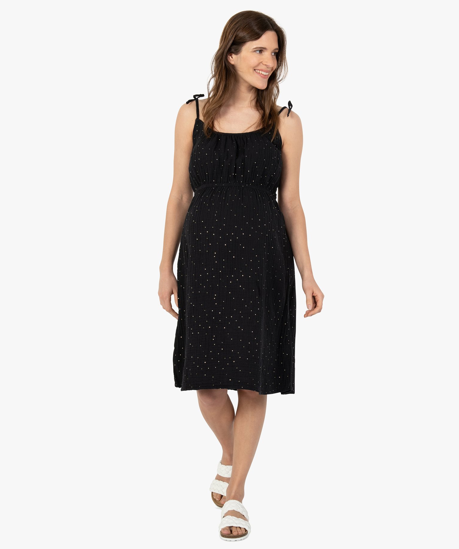 Robe de grossesse à fines bretelles en gaze de coton noir | GEMO