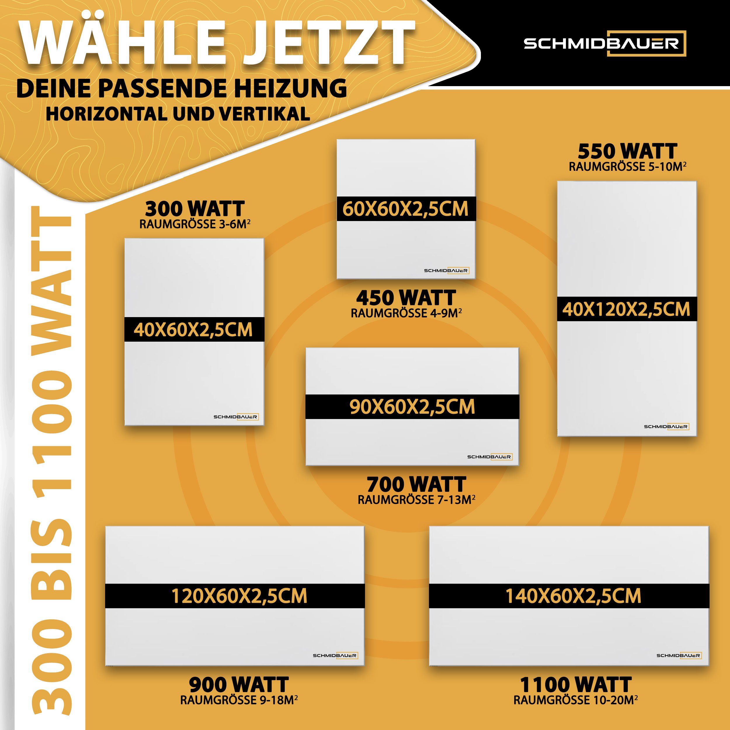Schmidbauer Infrarotheizung 300-1100W Wand/Decken-Halterung 10 Jahre Garantie, Vollaluminium