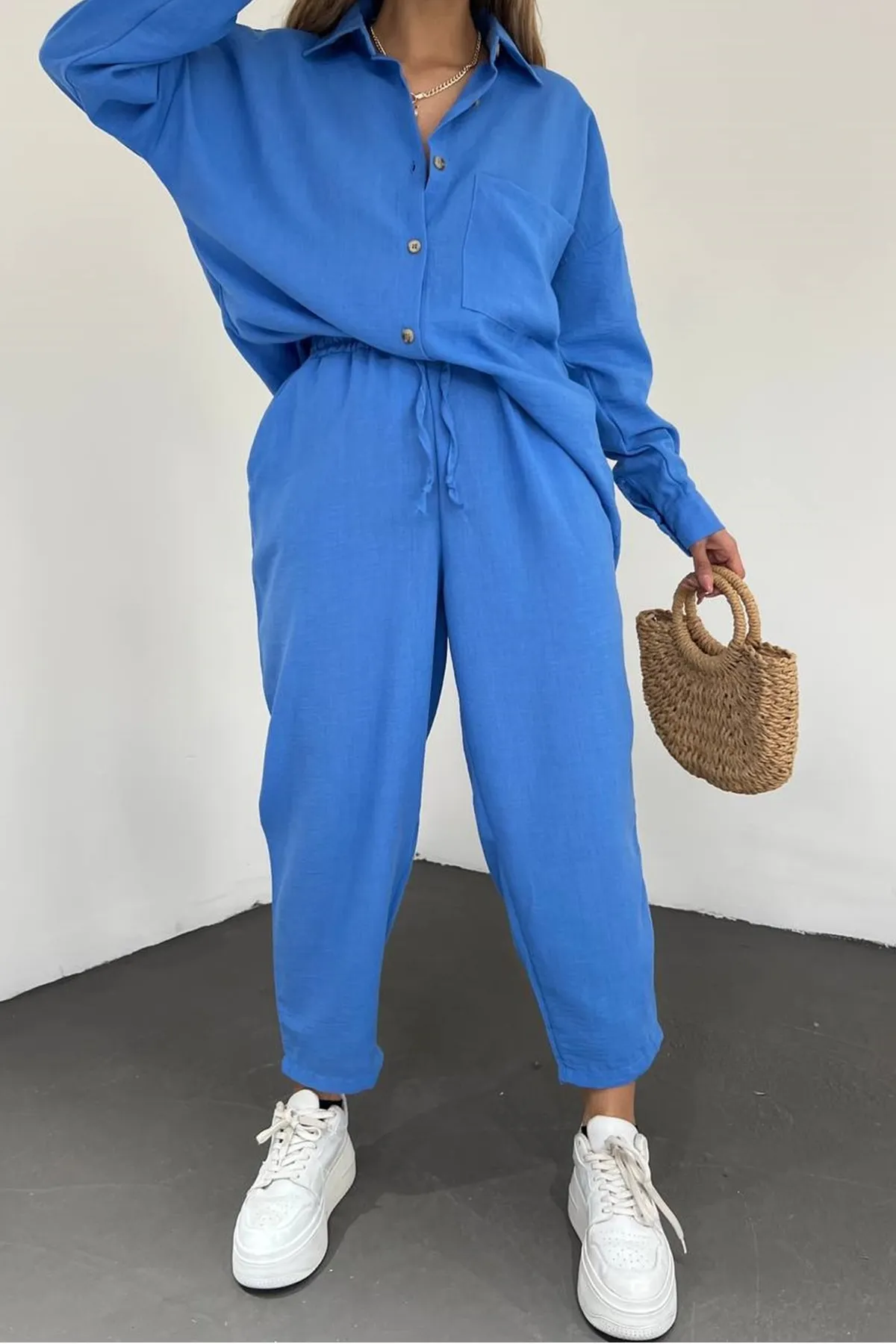lovebox  Damen-Set aus Hemd und Hose aus Leinenstoff mit Taschendetail, Übergröße, Doppelblau, 10277