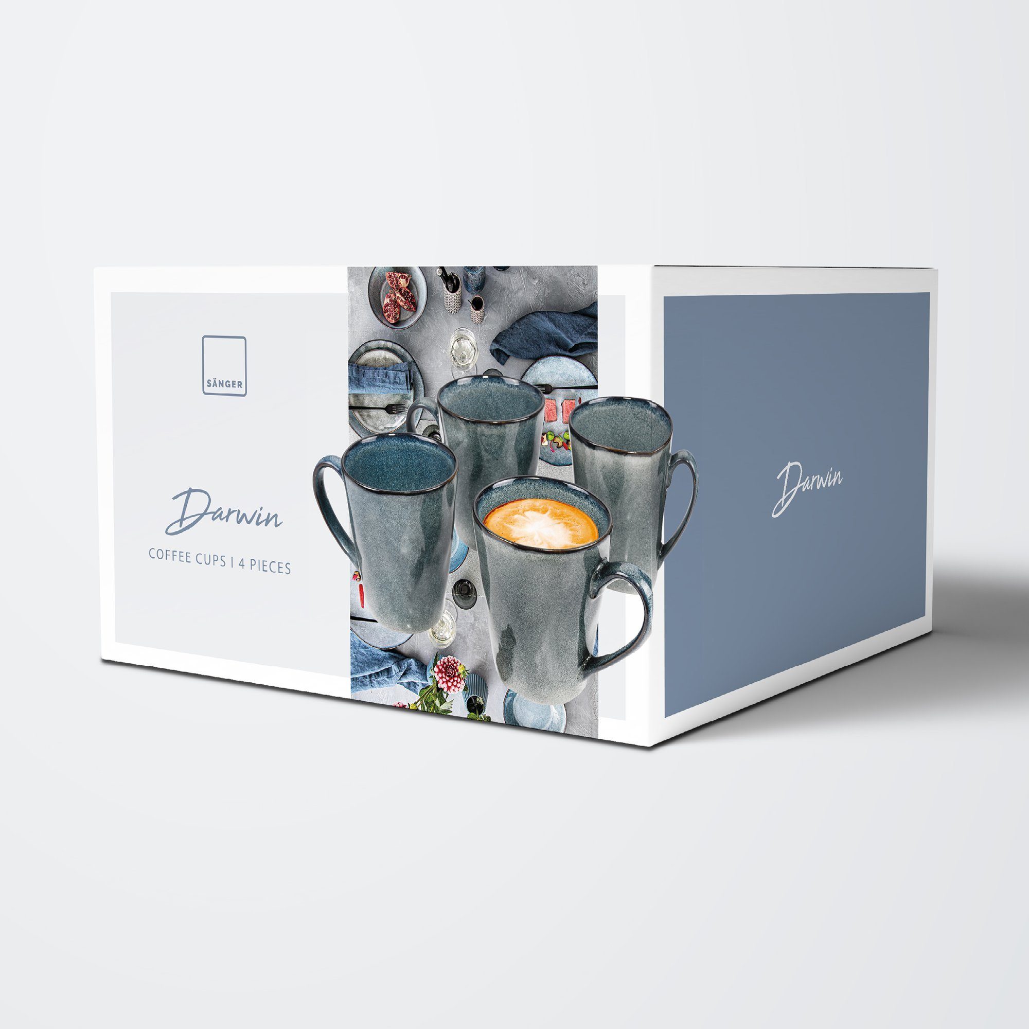 SÄNGER Becher Darwin Kaffeebecher Set (4-teilig), Steingut, Handmade, 500 ml, Blau