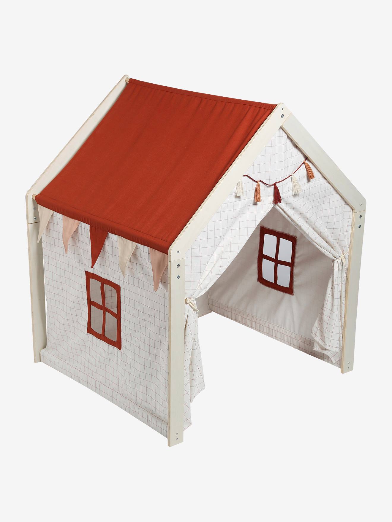 Vertbaudet Kinder Spielzelt, Spielhaus aus Stoff/Holz FSC - wollweiß