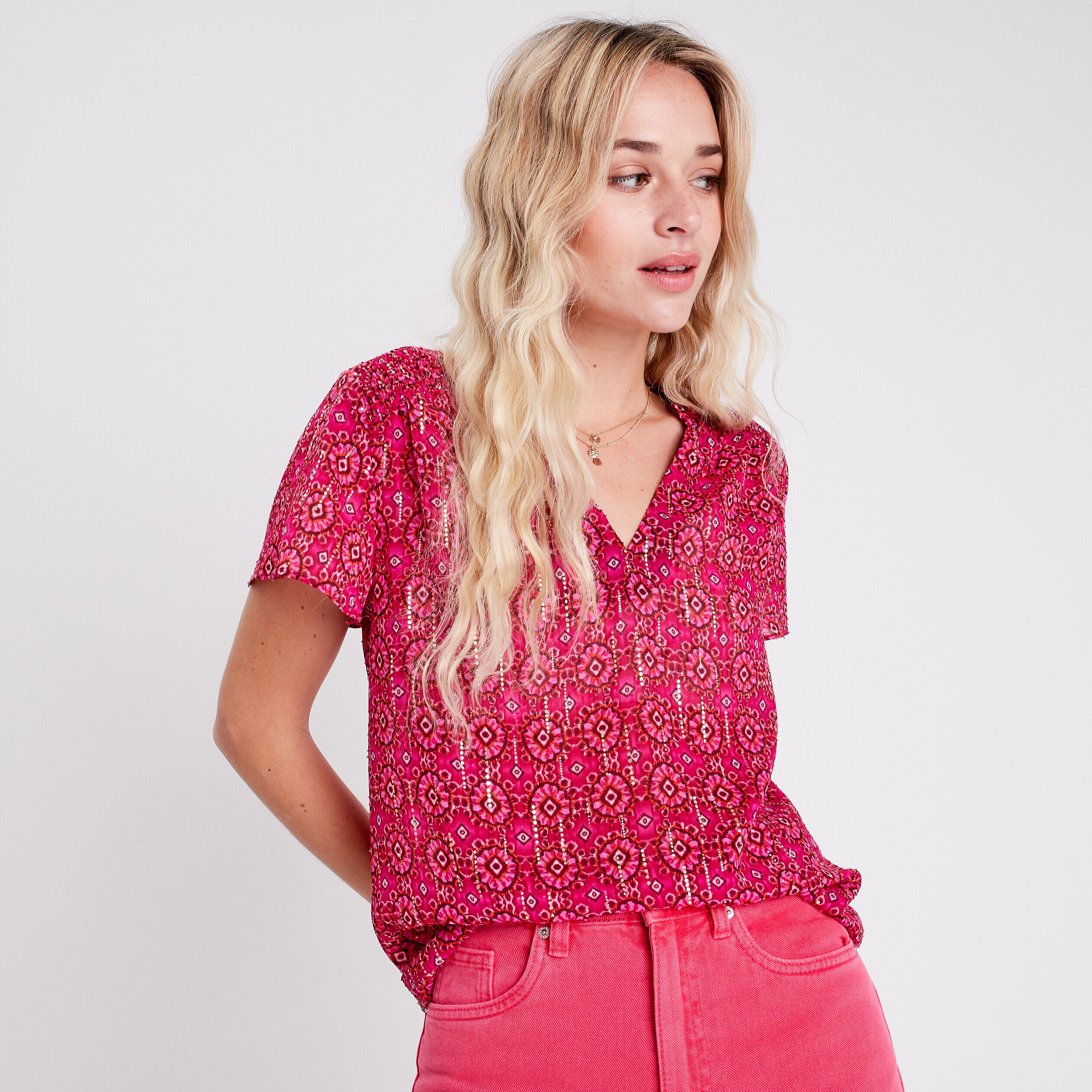 Blouse avec manches courtes rose femme | Cache Cache