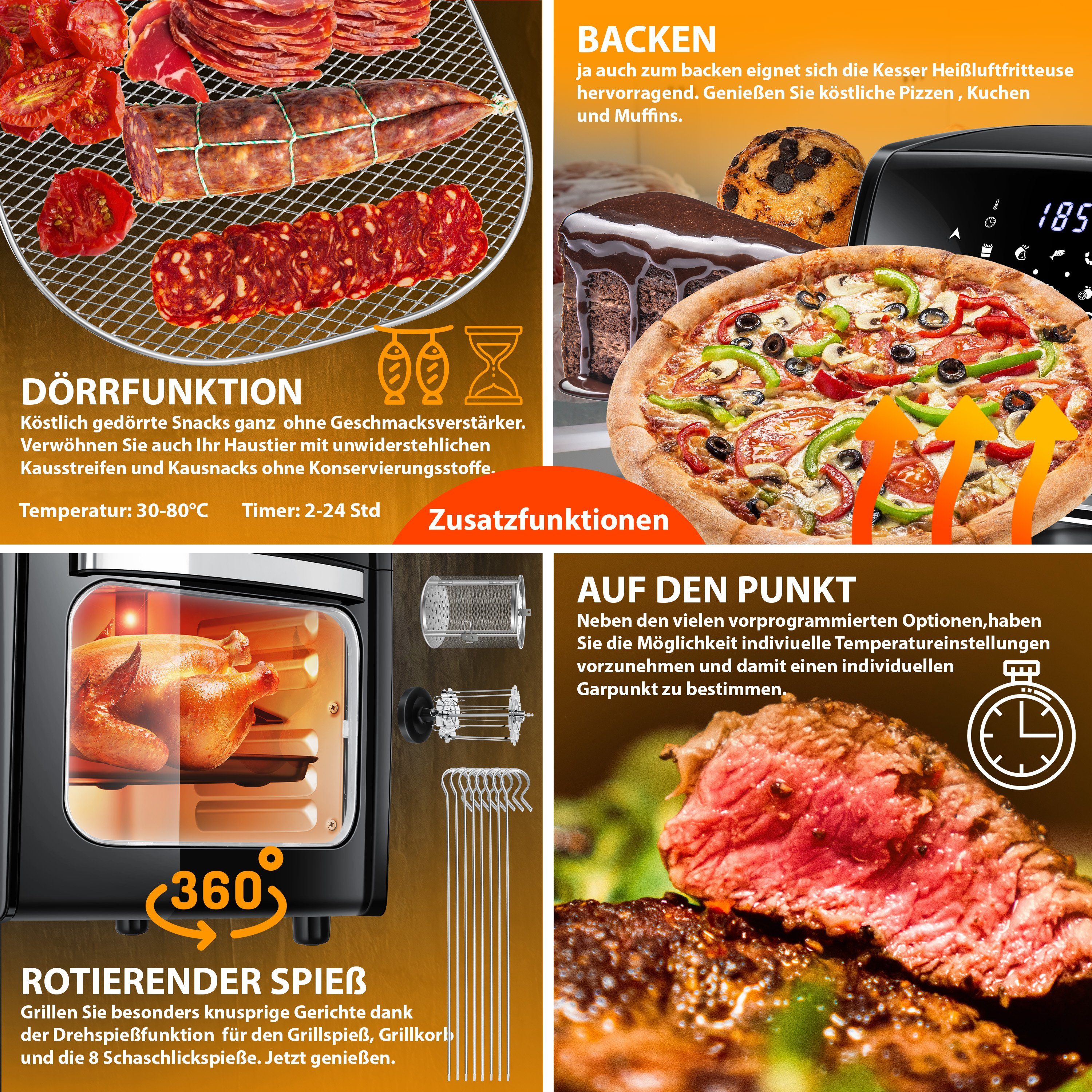 KESSER Heißluftfritteuse, 1800 W, XXL Airfryer 9in1 Heißluftfritteuse Fritteuse Drehgrill