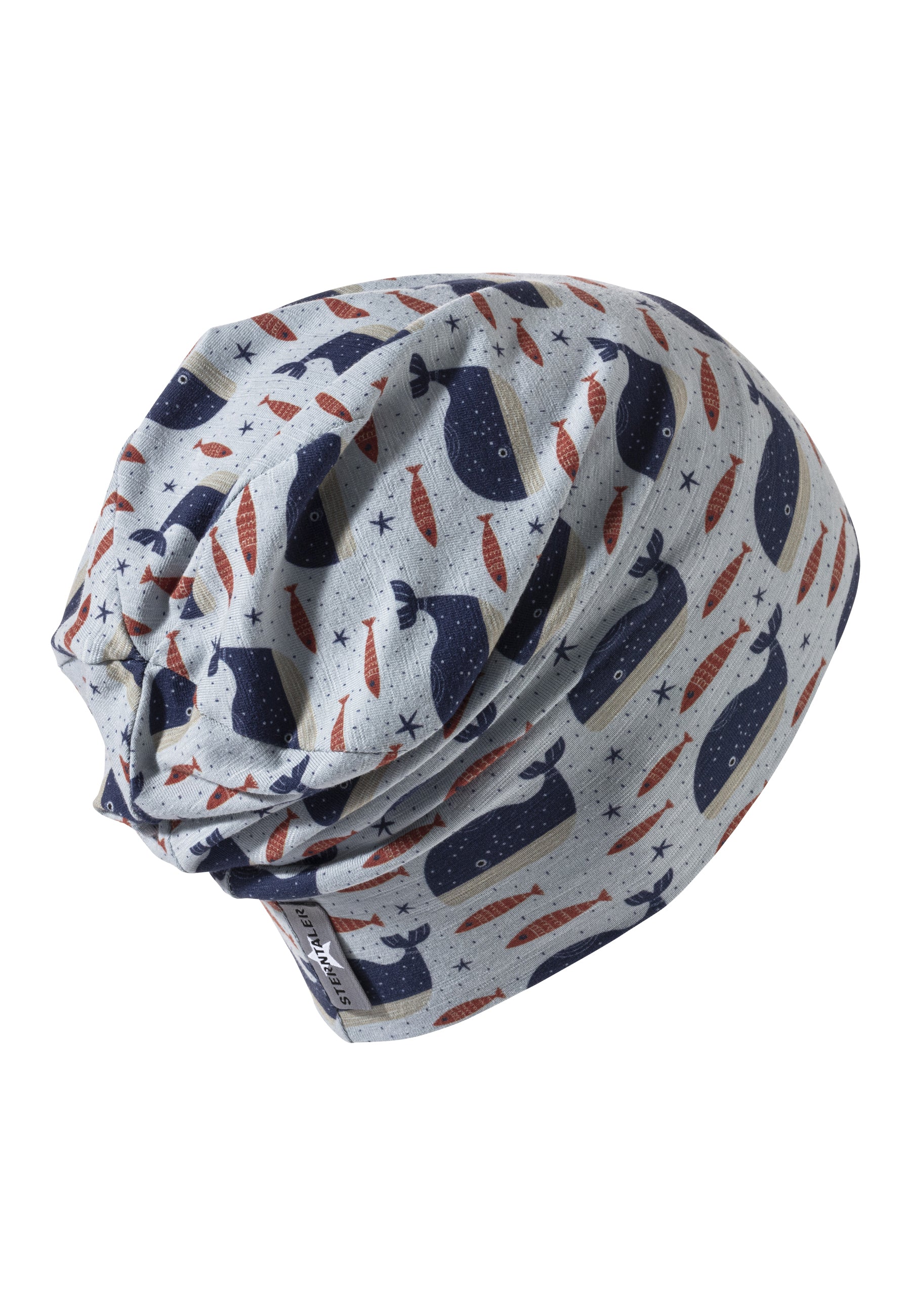 Beanie bedruckt mit Wal-Motiv in graublau