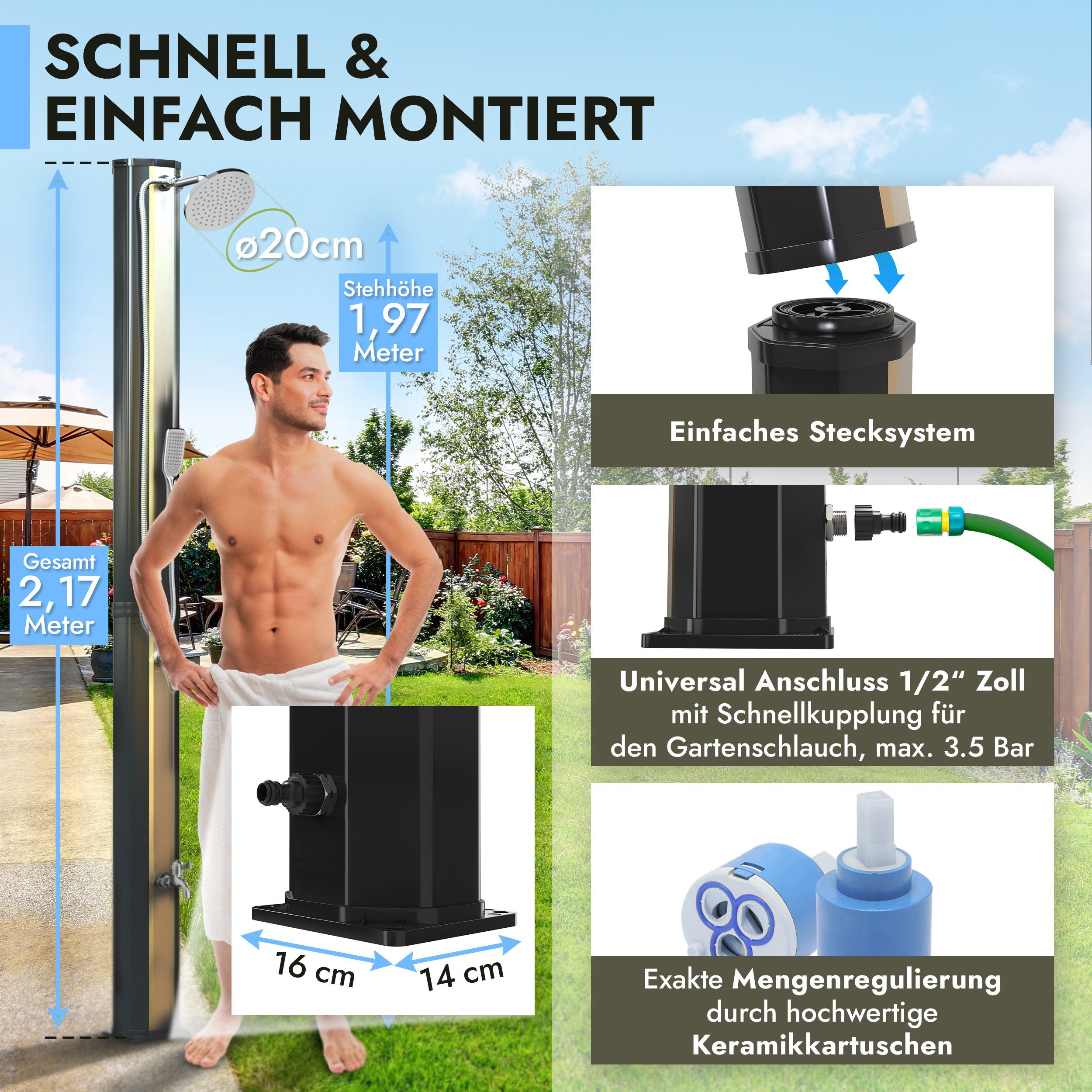 dirks-traumbad Solardusche Garten 35 Liter mit Handbrause Gartendusche Außendusche (Set, mit Fußdusche, Anti Kalk Regendusche und Handbrause), 35L Tank