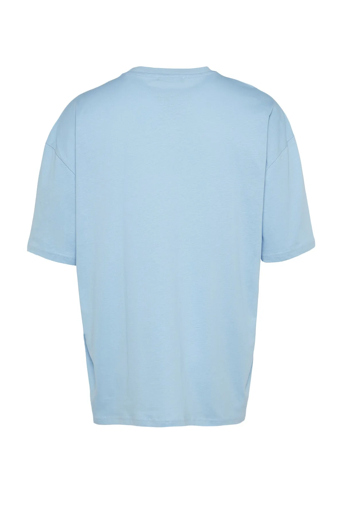 Trendyol Collection  Hellblaues Unisex-T-Shirt in Übergröße/Weitschnitt mit Rundhalsausschnitt und kurzen Ärmeln, bedruckt TMNSS23TS00089