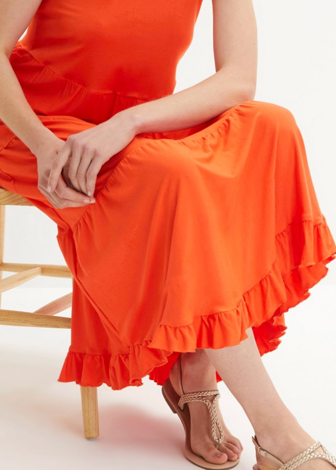 Shirtkleid mit Volants und verstellbaren Spaghetti-Trägern in Midi-Länge, A-Line