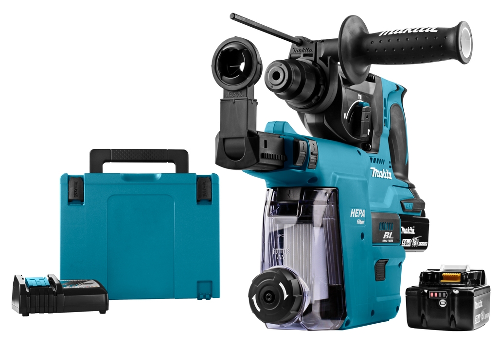 Makita DHR242RTJW Kombinationshammare 18 Volt 5,0 Ah Li-ion + DX06 inbyggd dammutsug med HEPA-filter